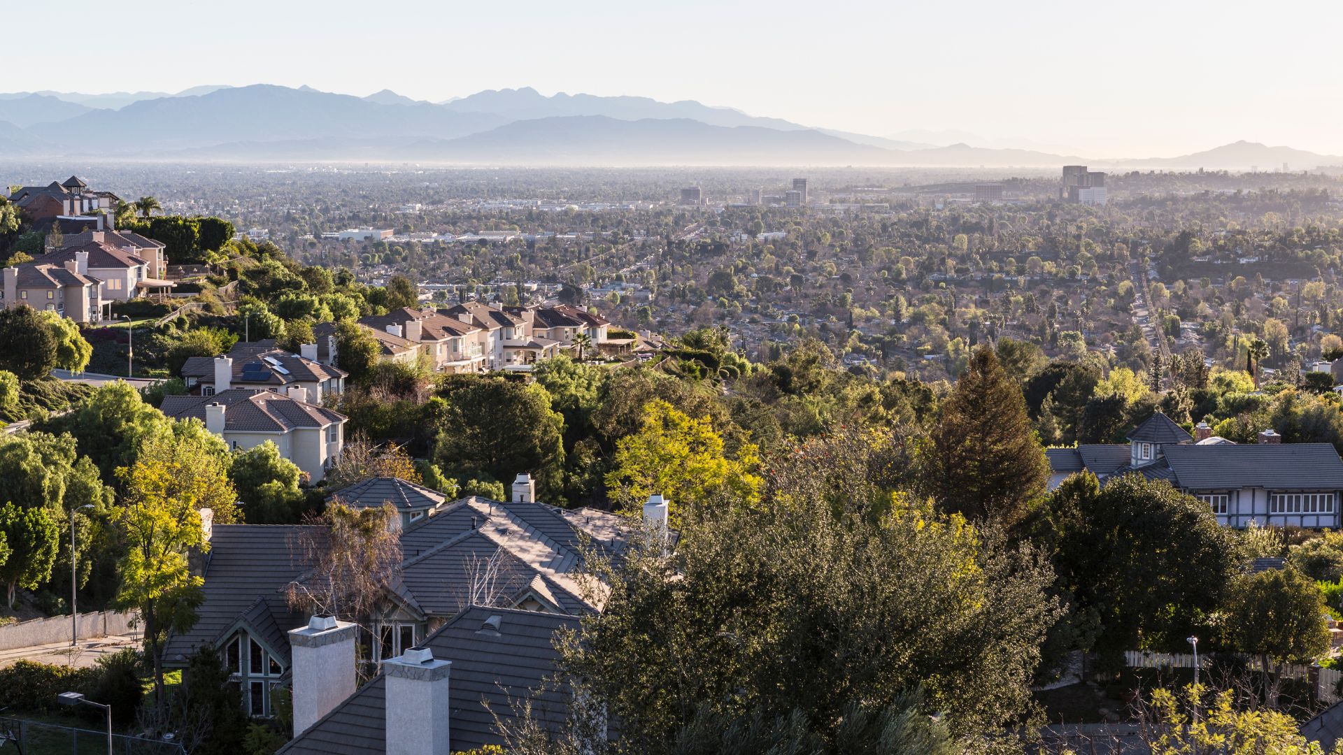 Panoramic view of the San Fernando Valley in Los Angeles, Southern California, showcasing a residential area with houses and trees, with the San Gabriel Mountains in the distance.