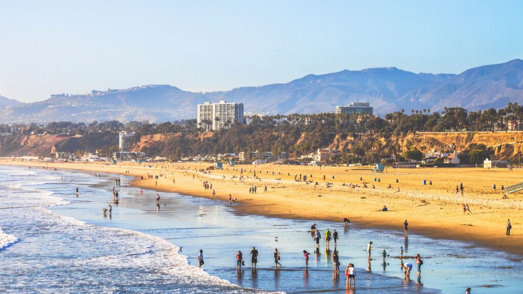 Aerial view of a beach in Santa Monica, California.
