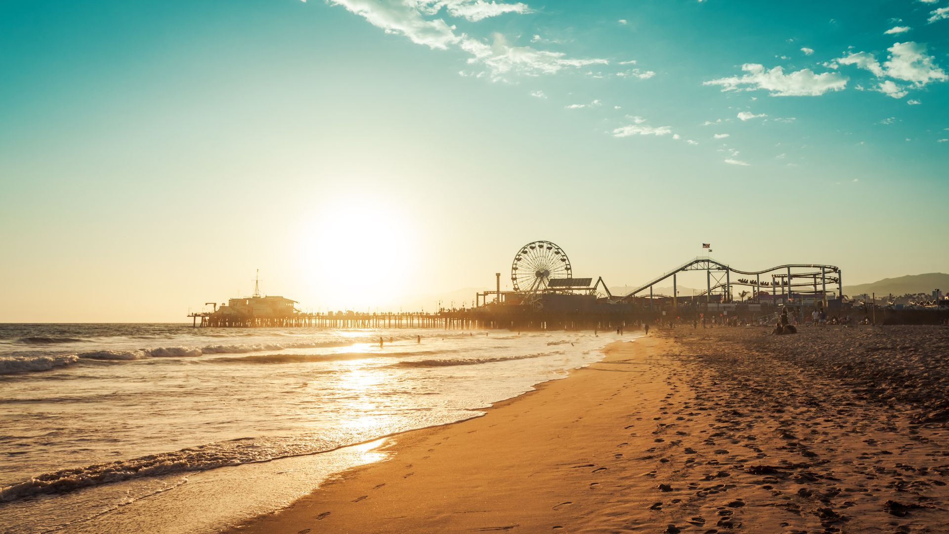 Scenic view of sunset at Santa Monica, California.