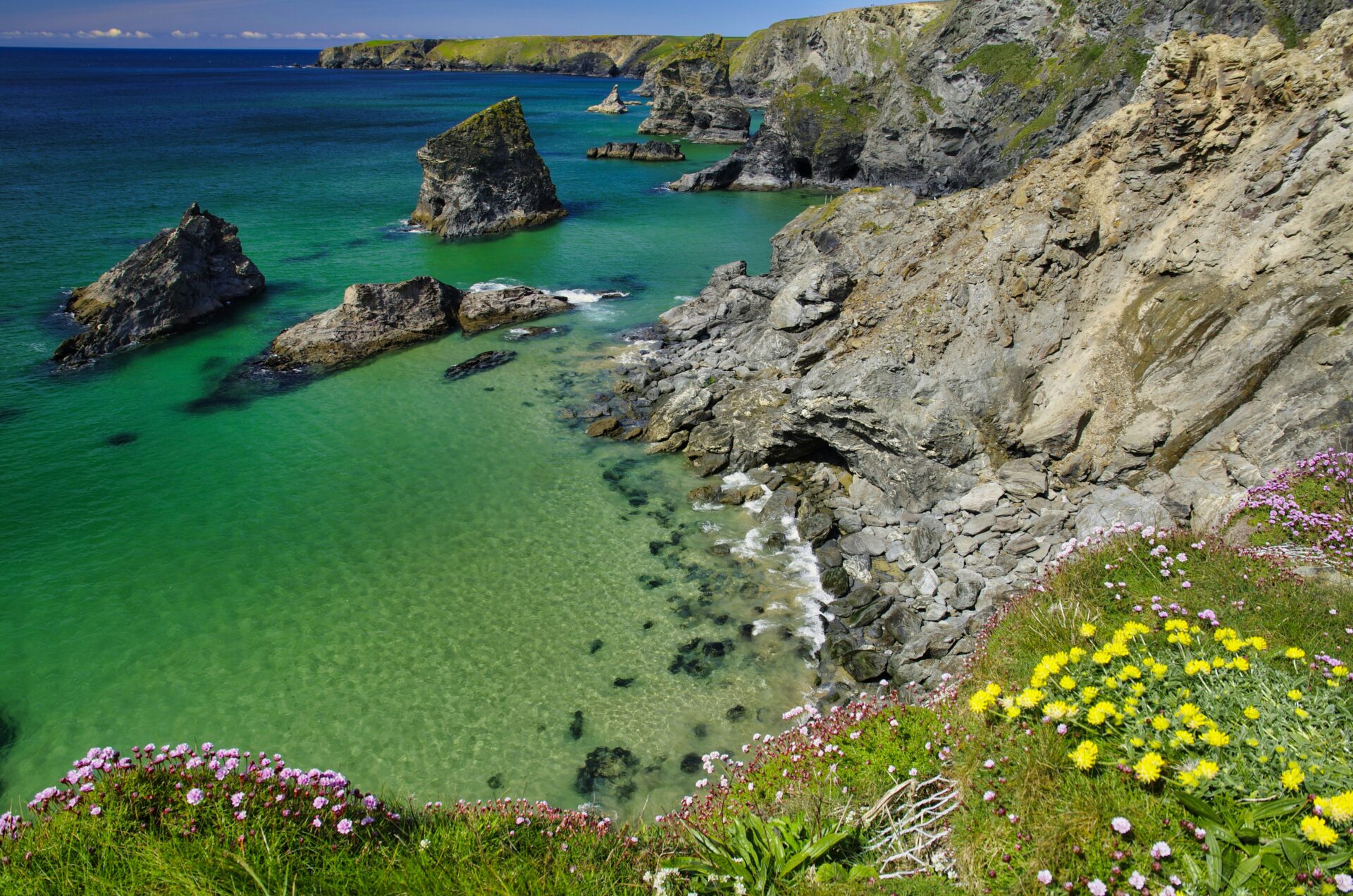 Scenic view of Cornwall’s rugged coastline with dramatic rocky shores
