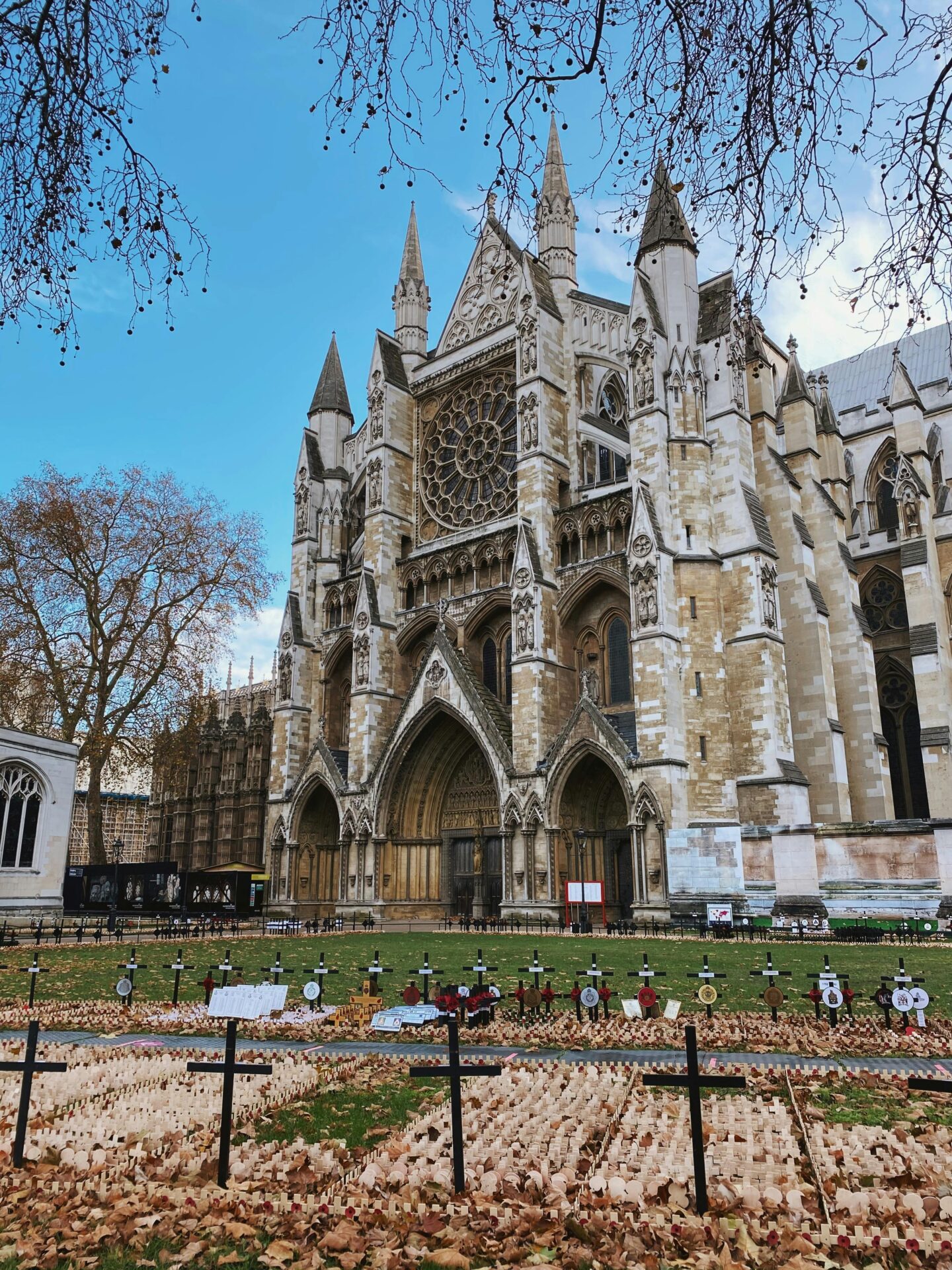 Historic Westminster Abbey with its twin towers and ornate facade