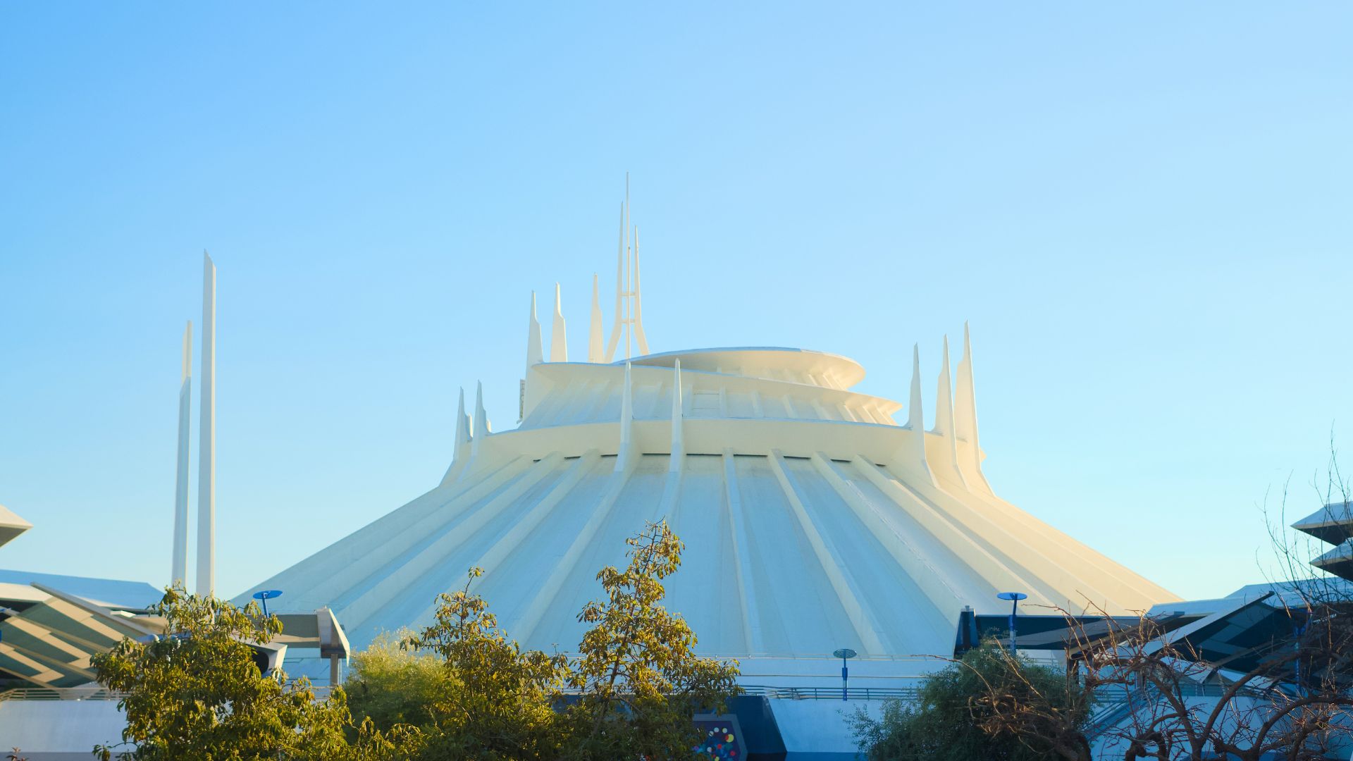 Space Mountain roller coaster at Disneyland Park in Anaheim, California, a futuristic landmark in Tomorrowland..