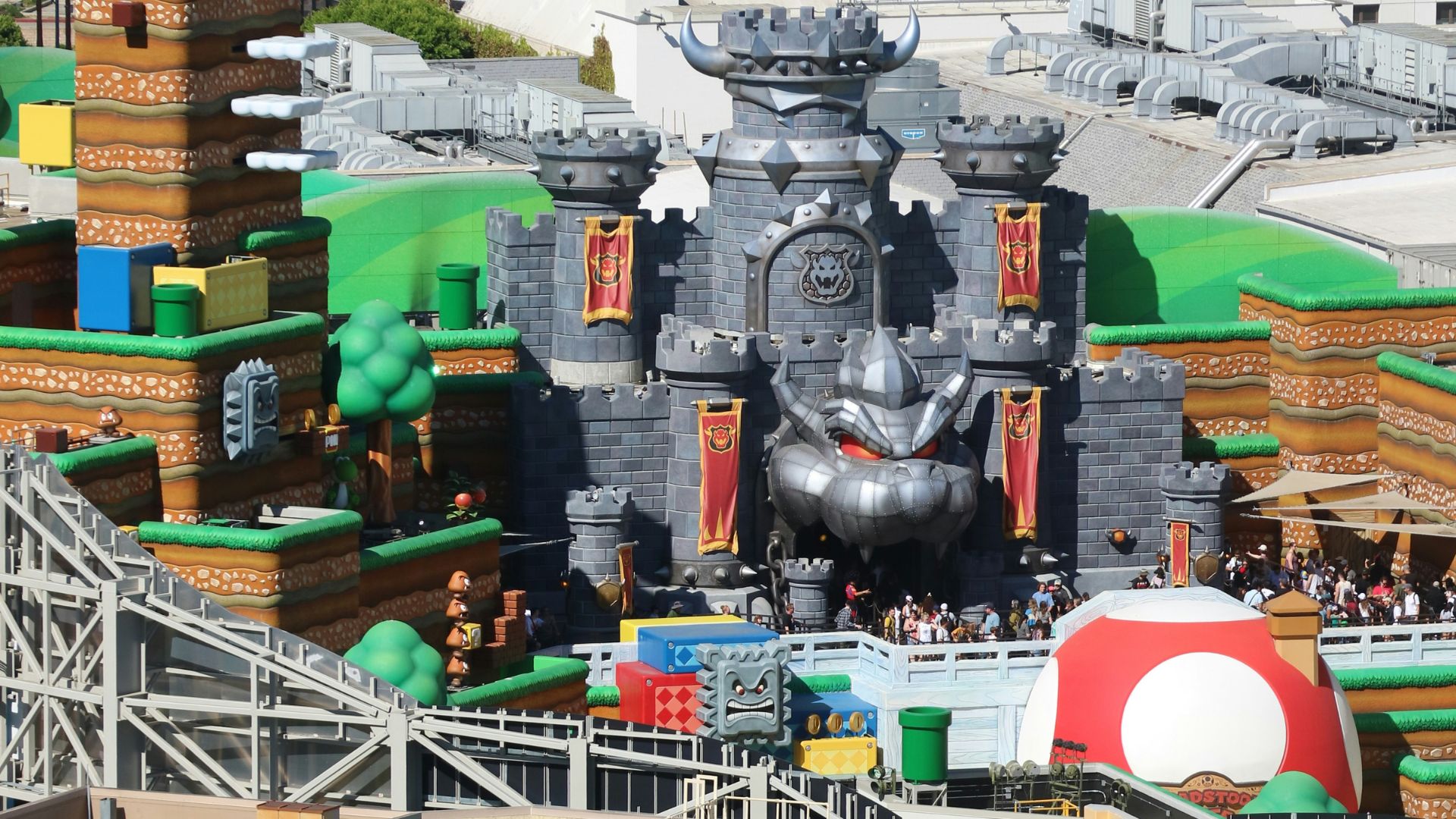 Super Nintendo World at Universal Studios Hollywood. This colorful and immersive land features iconic locations like Bowser's Castle and Peach's Castle. Visitors can enjoy the Mario Kart ride, themed dining, and shopping experiences.