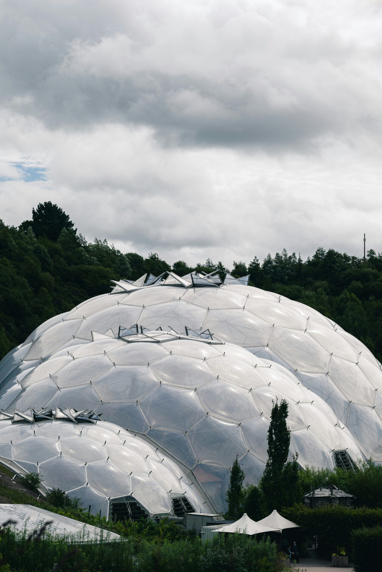 Distinctive honeycomb-patterned biomes of the Eden Project nestled in the Cornwall countryside