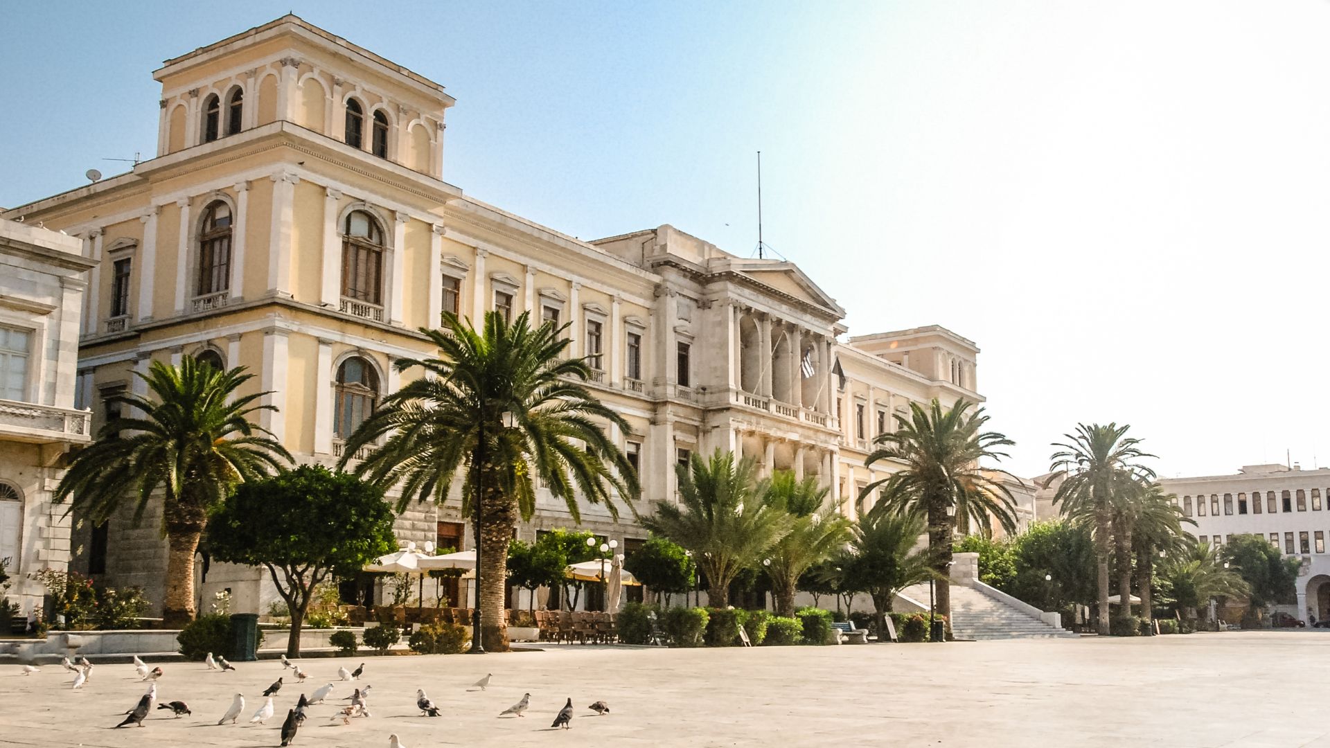 Ermoupolis City Hall in Miaouli Square, Syros, Greece. Neoclassical architecture on a Cycladic island.