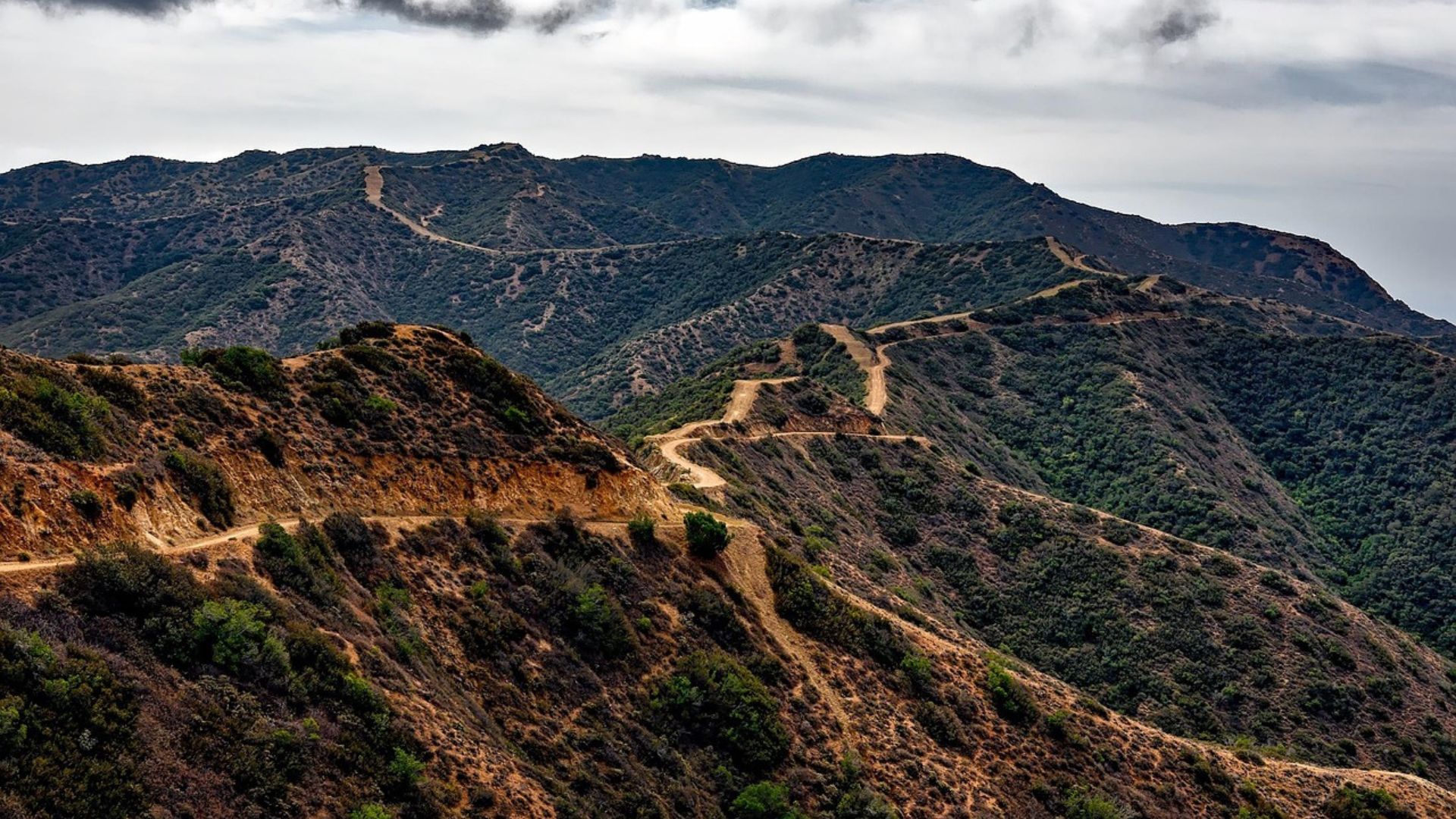 A winding dirt road snakes through dry, brush-covered mountains under a cloudy sky on Catalina Island, California.