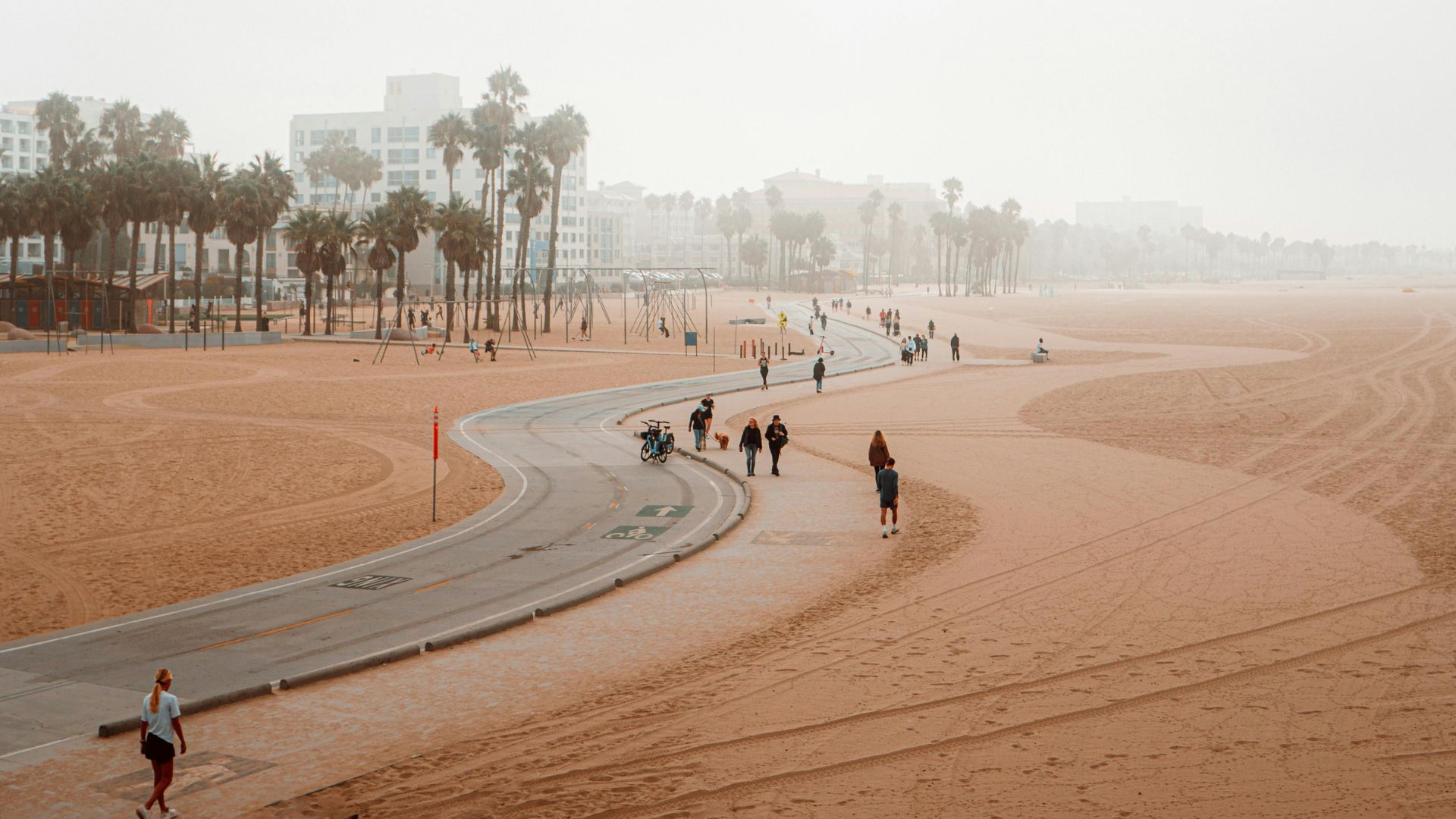 Aerial view of Venice Beach Boardwalk, California.