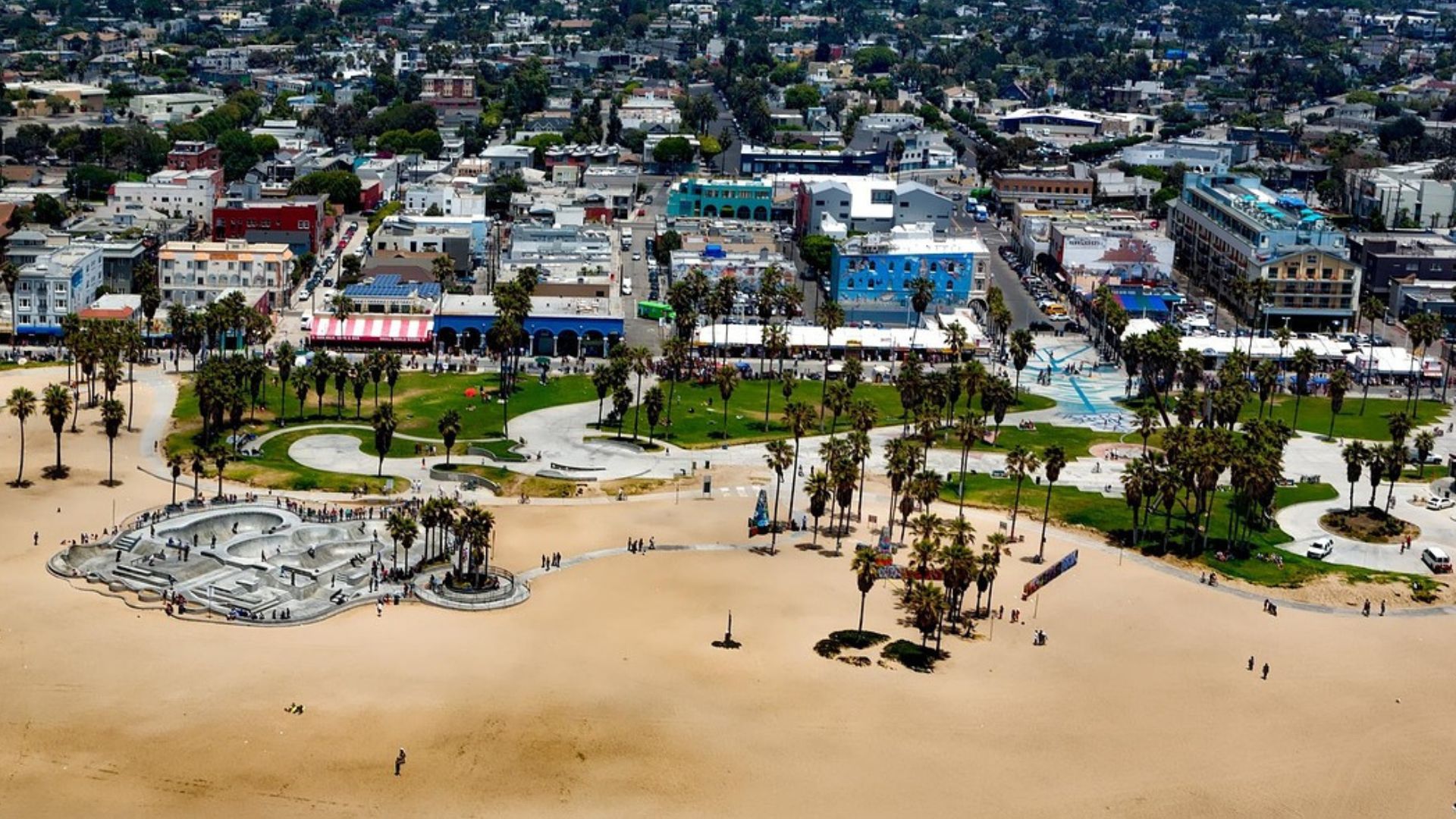 Aerial view of Venice Beach, Los Angeles, California.
