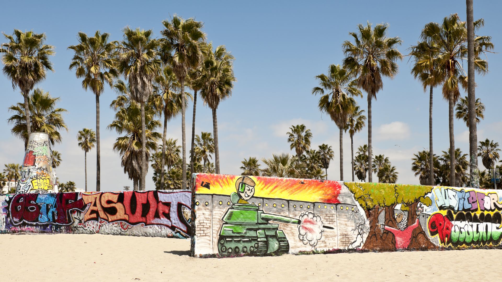 Colorful murals in Venice Public Art Walls in Venice Beach, Los Angeles, Southern California