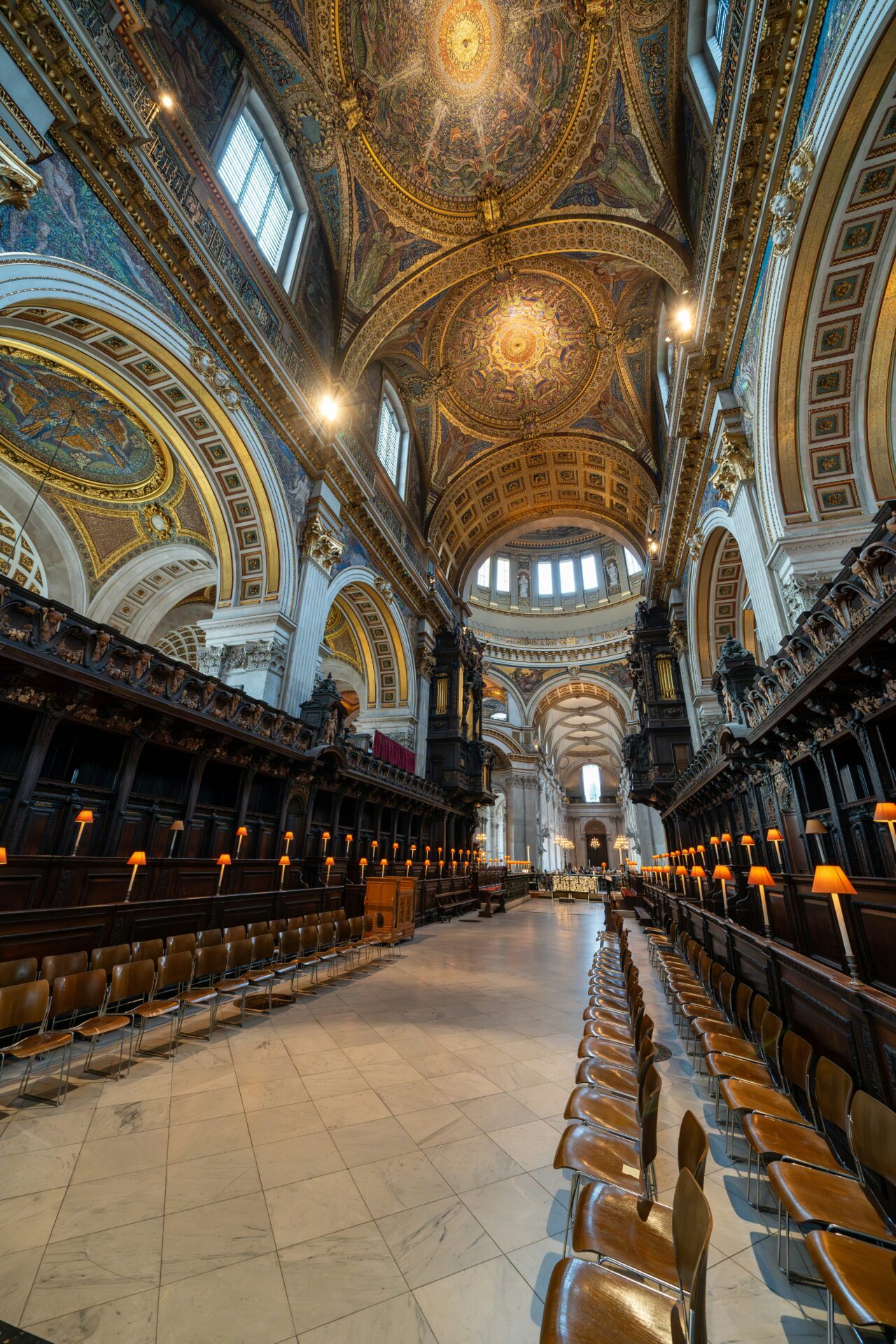 View inside St. Paul’s Cathedral showing grand arches and altar