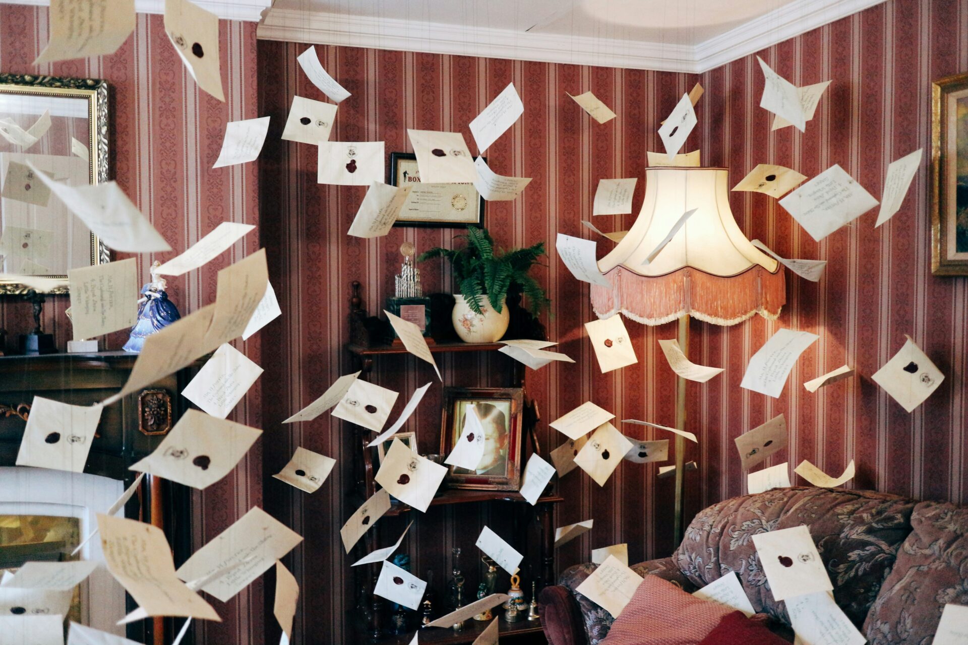 Floating piece of paper inside Warner Bros. Studio Tour London, part of a magical display