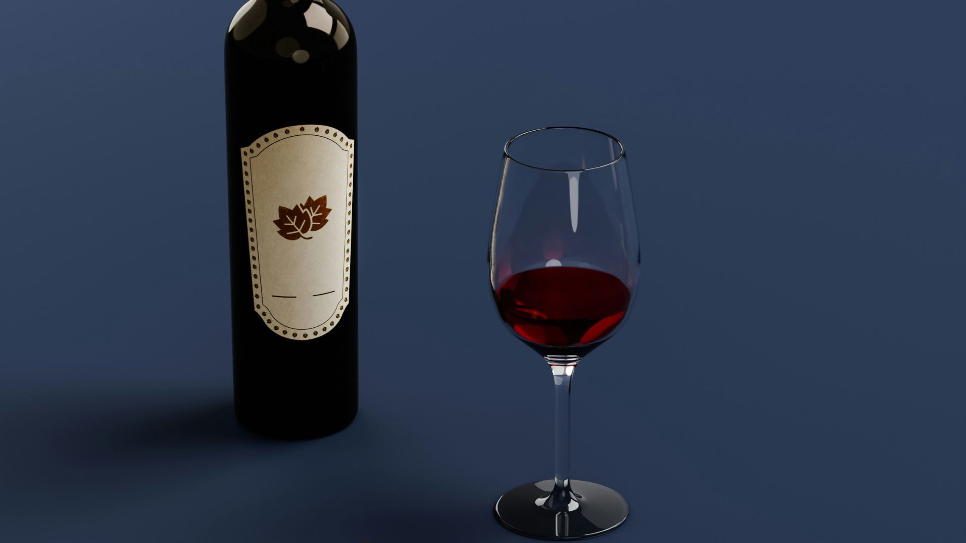 A bottle of red wine, a glass of red wine, and a cork on a dark blue background.