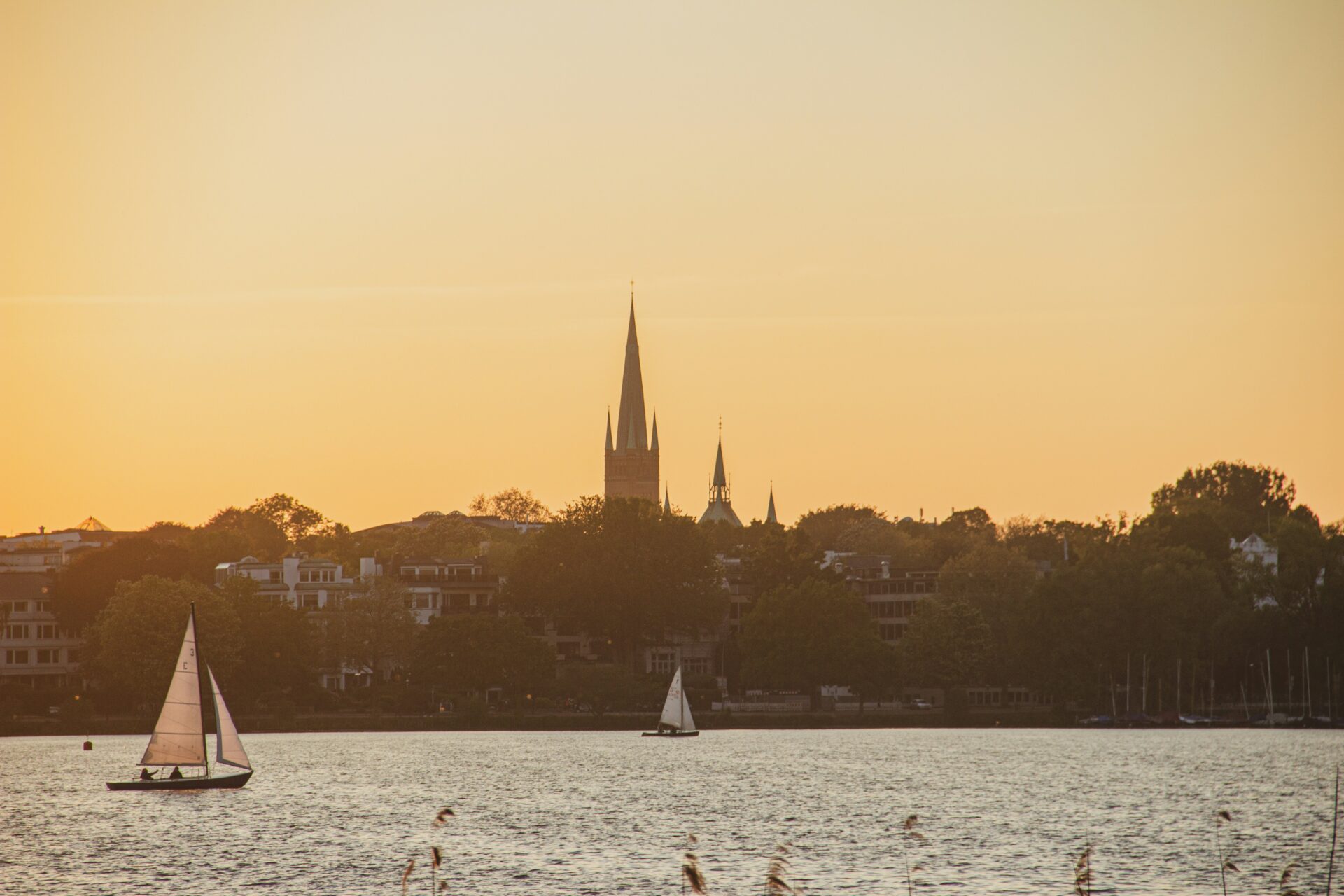 Panoramic view of Alster Lake at dusk