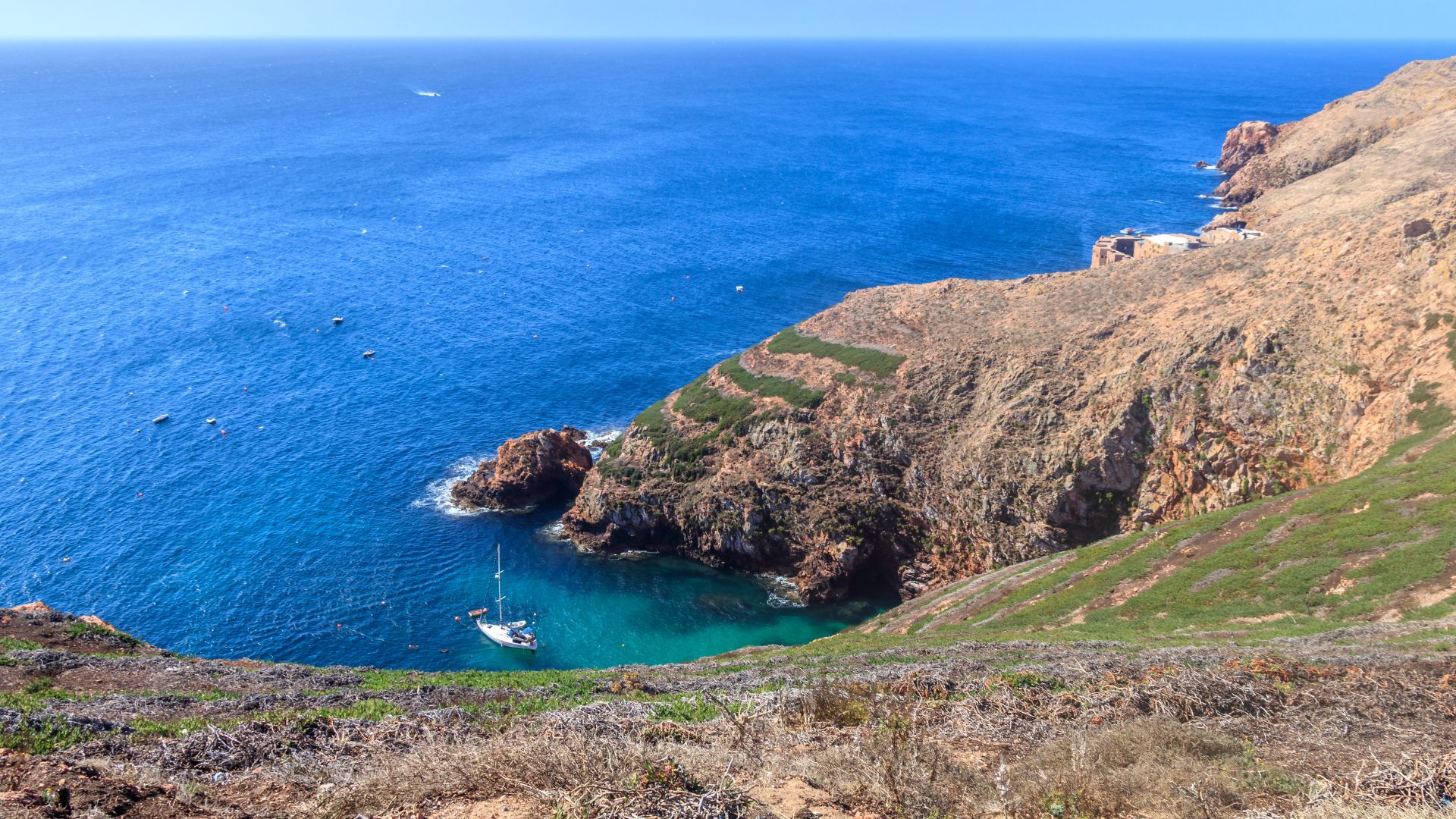 A panoramic view of the Berlengas archipelago in Portugal, showcasing rugged, rocky cliffs meeting the clear, emerald-blue waters of the Atlantic, with a small boat anchored in a cove and scattered smaller vessels in the distance.