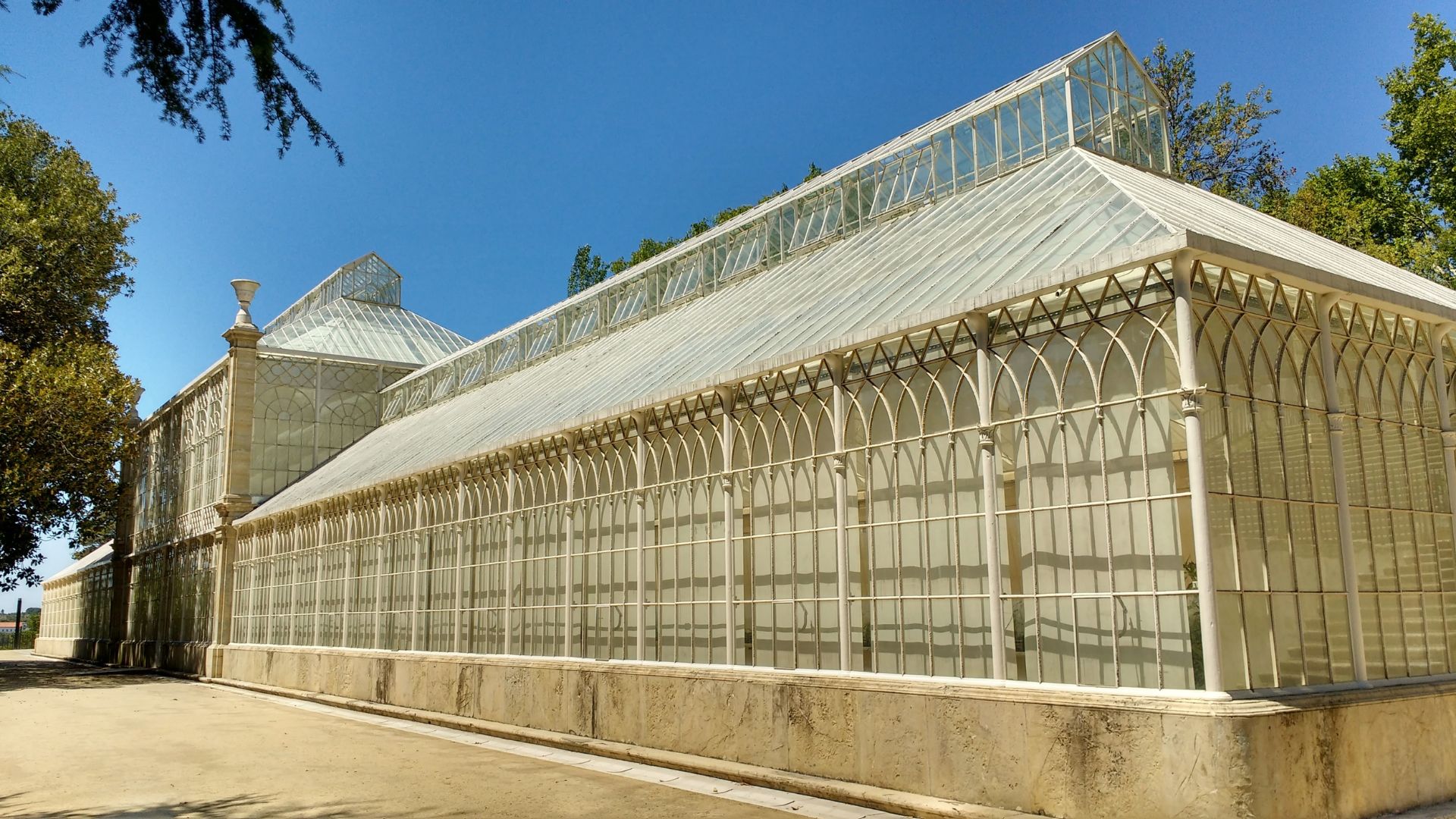The image displays the historic Tropical Greenhouses (Estufas Tropicais) within the Botanical Garden of the University of Coimbra, a significant landmark in Central Portugal known for its impressive iron-and-glass architecture from 1859. 