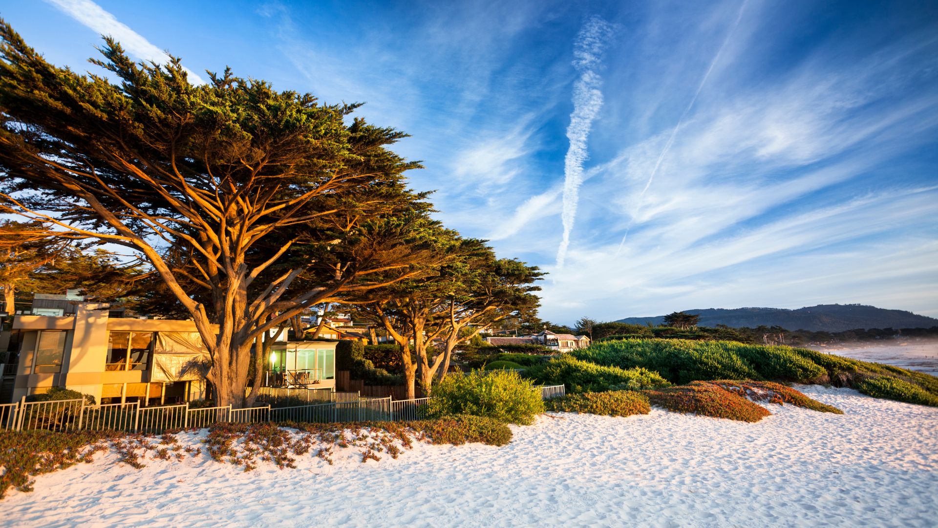 A scenic view of the white sand beach in Carmel-by-the-Sea, California, featuring coastal houses nestled among lush green trees and vegetation, with the ocean and a blue sky with wispy clouds in the background.