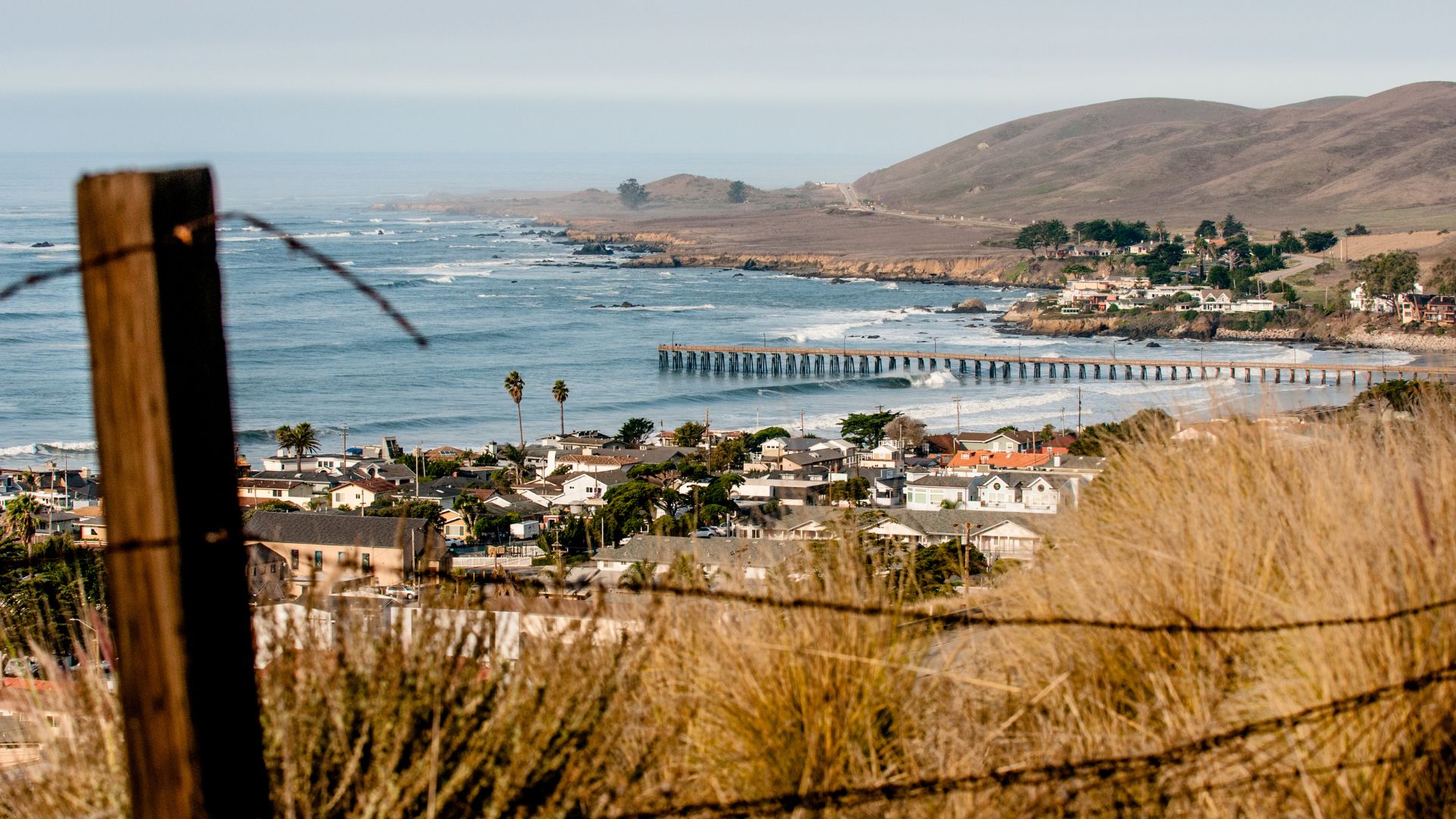 A wide shot of Cayucos, California, featuring the town nestled along the coast with a long pier extending into the ocean, viewed from a grassy hillside with a barbed wire fence in the foreground.