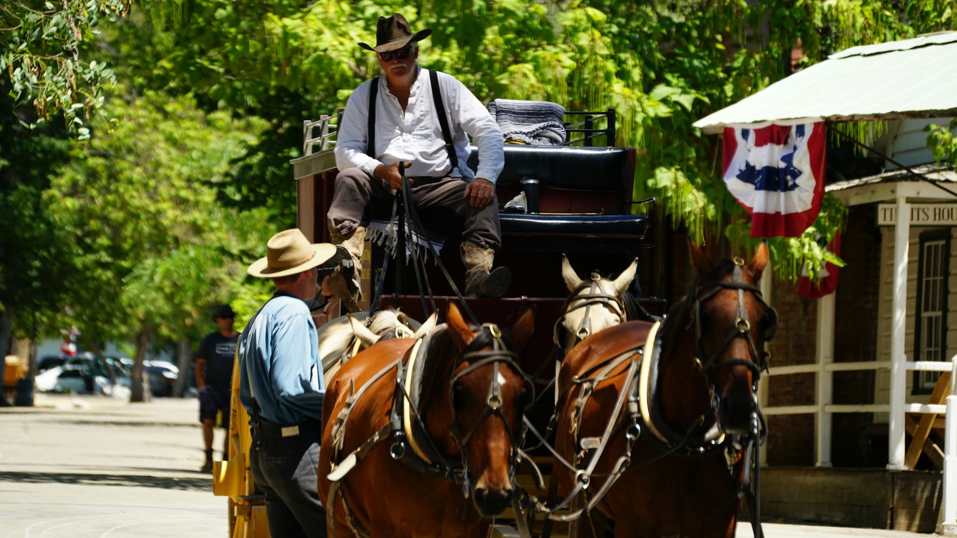 A man in a cowboy hat drives a horse-drawn carriage with multiple brown horses, while another person stands nearby, on a sunny day at Columbia State Historic Park, with historic buildings and trees in the background.