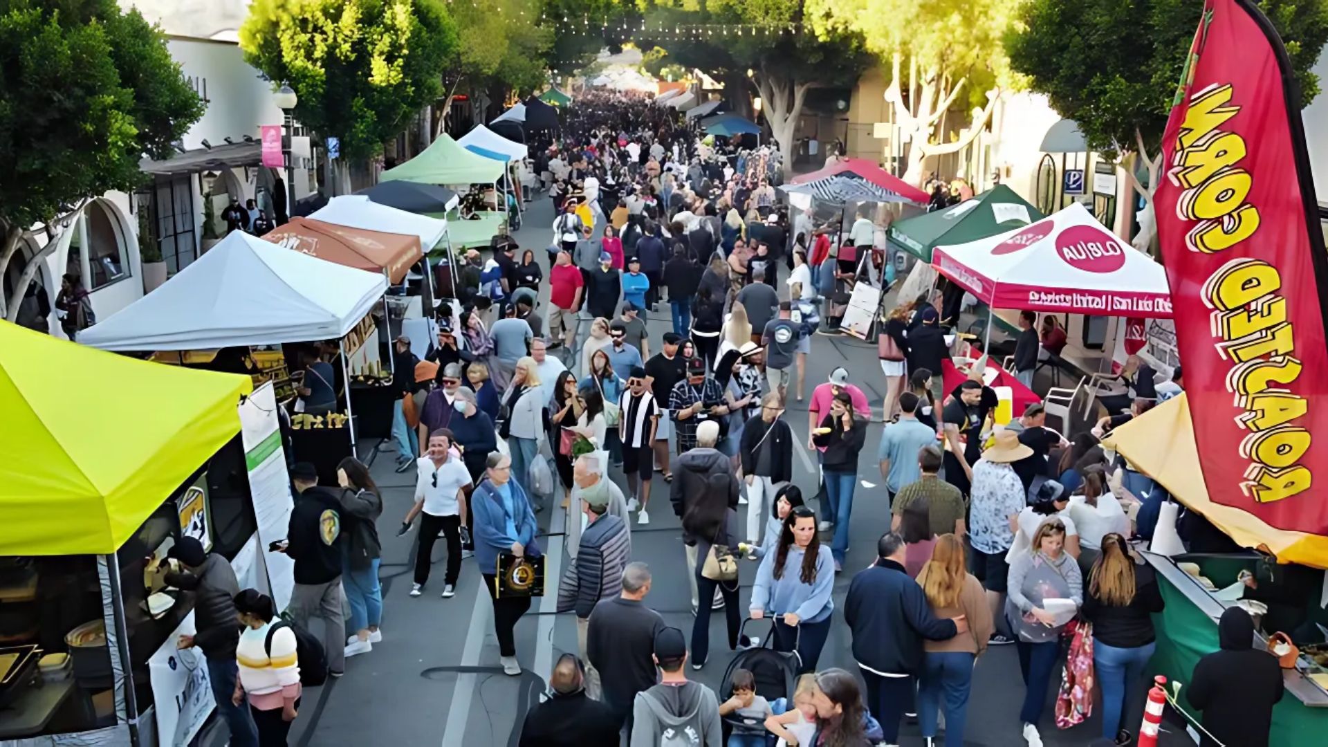 An aerial view shows a vibrant, crowded street market filled with numerous vendor tents and a large gathering of people walking through the stalls on a sunny day.