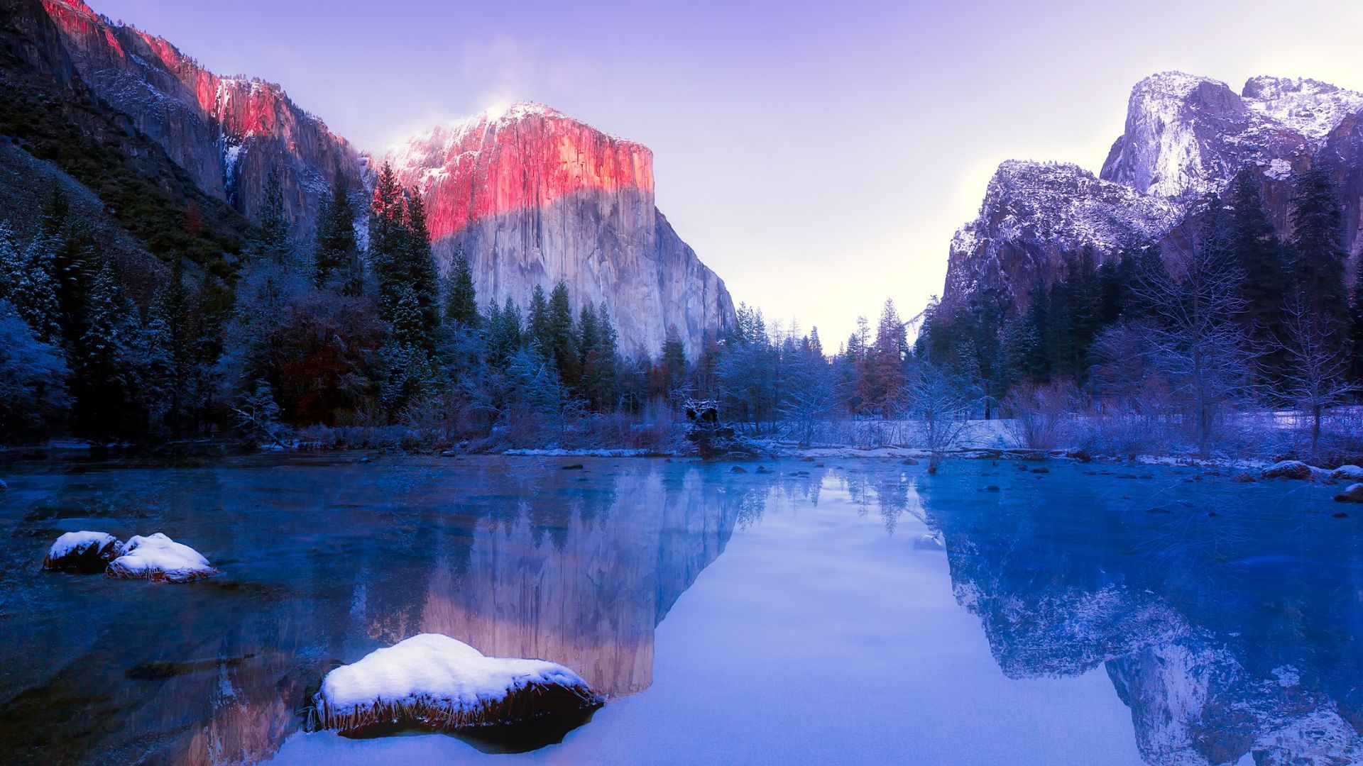 A serene winter landscape in Yosemite National Park shows a snow-dusted granite mountain bathed in warm sunlight, reflected in a still, icy blue body of water, with snow-covered rocks in the foreground and dark evergreen trees lining the shore. 