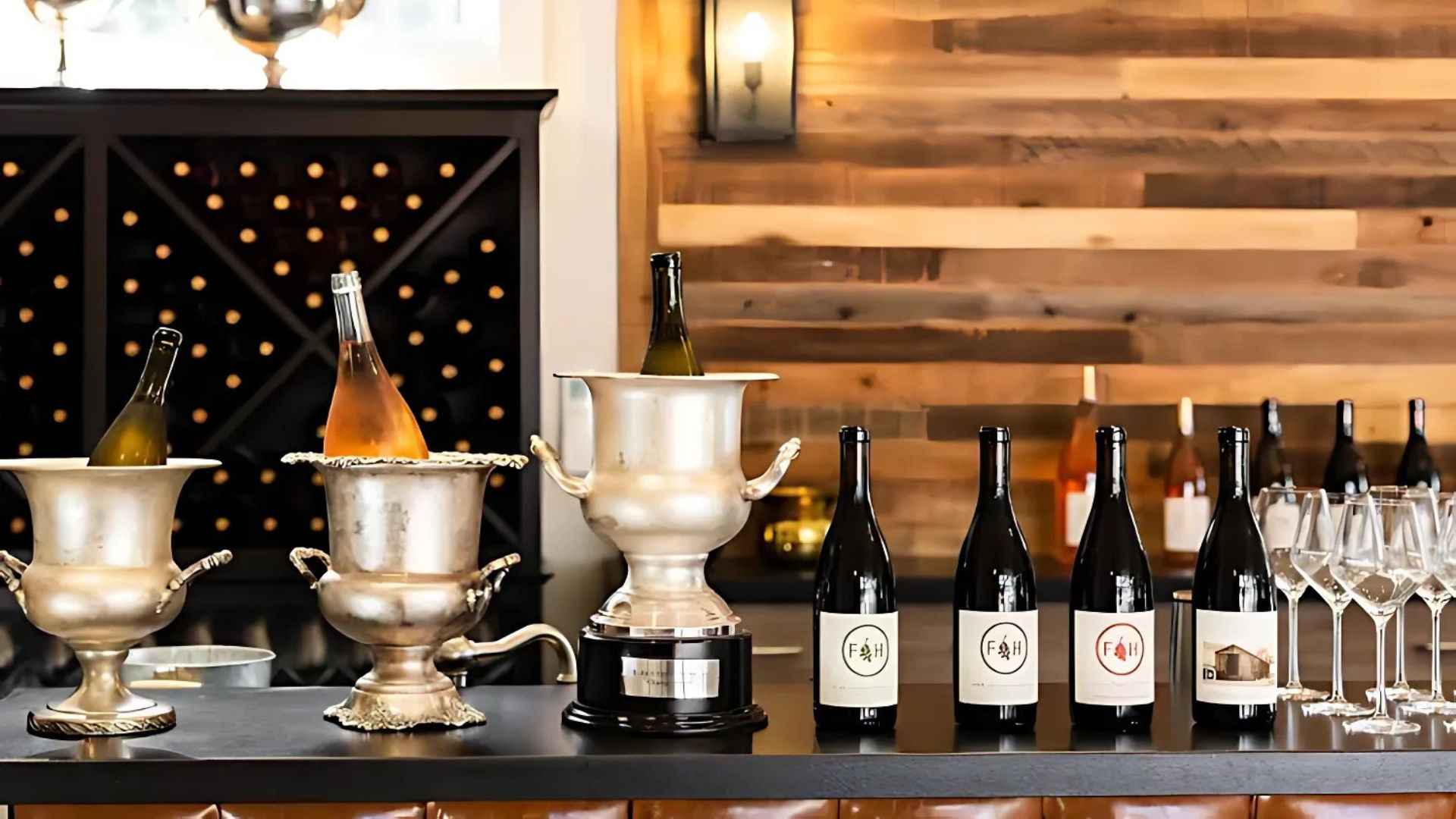 A well-appointed tasting room features wine bottles, some chilled in silver ice buckets, alongside rows of wine glasses and a wine rack, with a rustic wooden wall and a large trophy in the background.