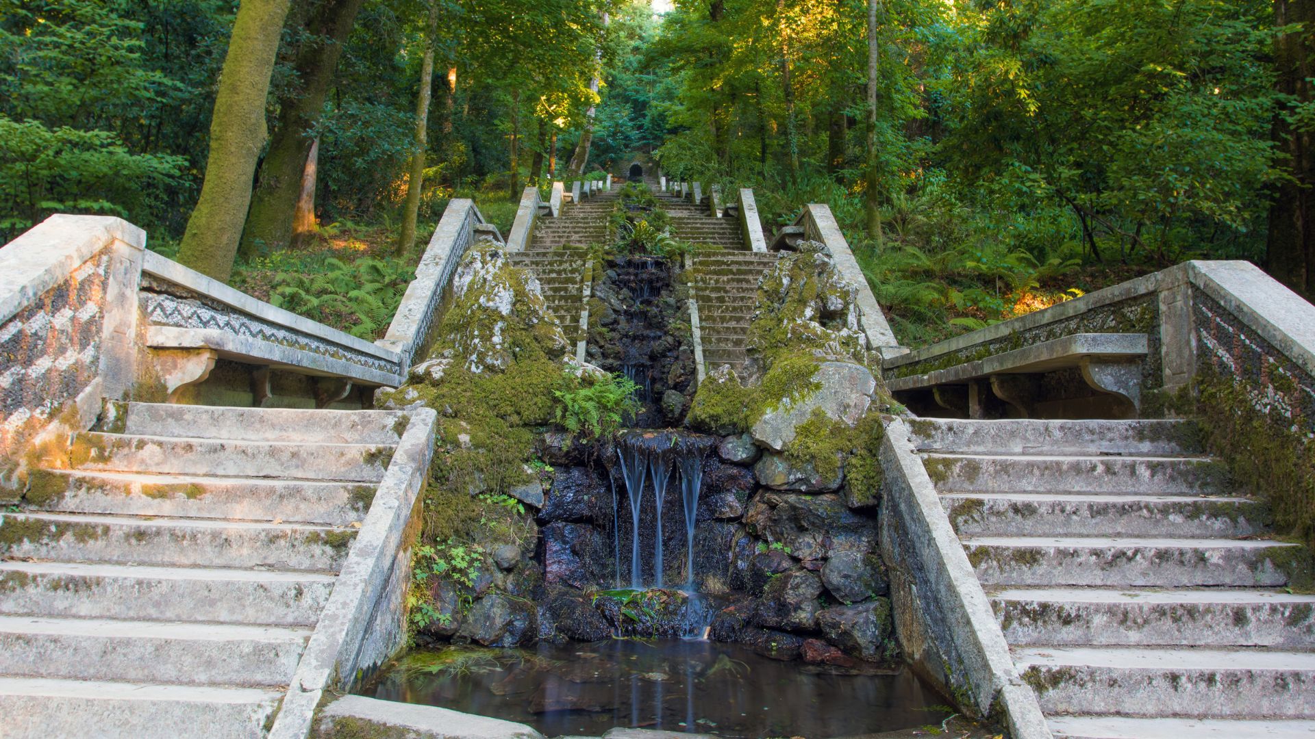 A long, cascading stone staircase with a central water feature, known as the Fonte Fria, surrounded by lush green forest in the Buçaco National Forest in central Portugal.