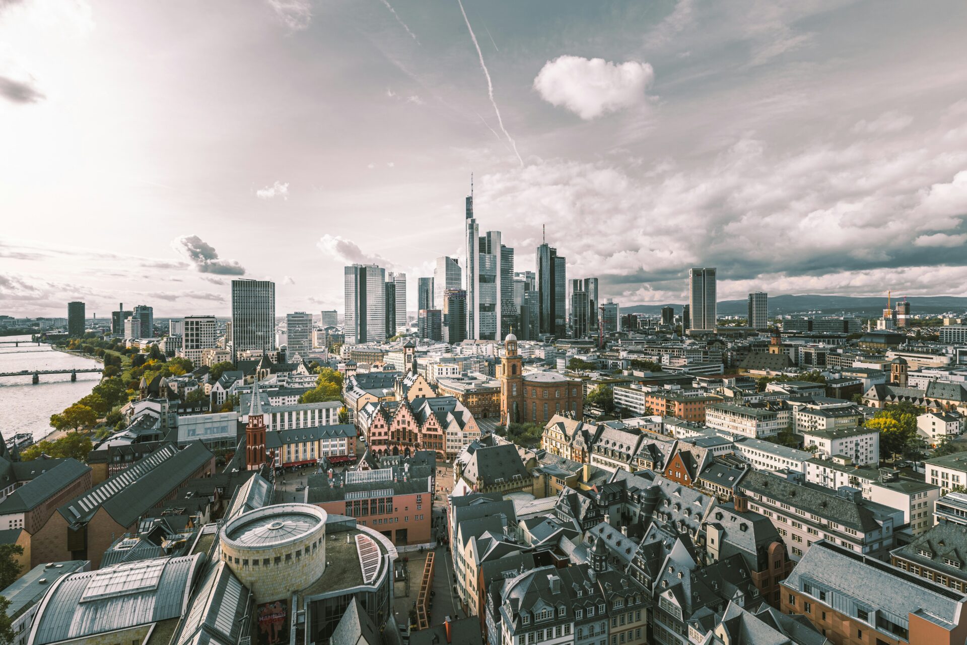 Frankfurt skyline with a mix of modern high-rise buildings and historic architecture