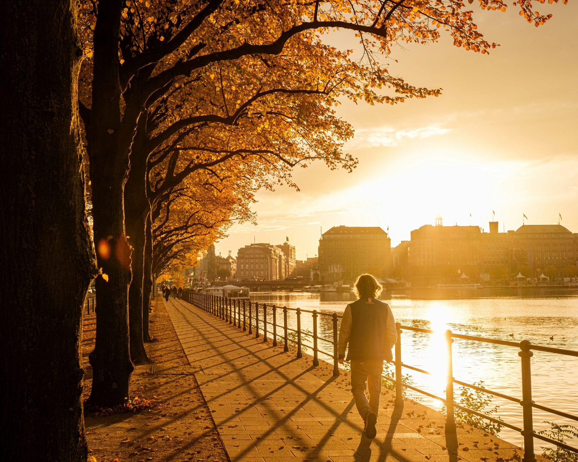 People strolling along the Alster Lake promenade in Hamburg