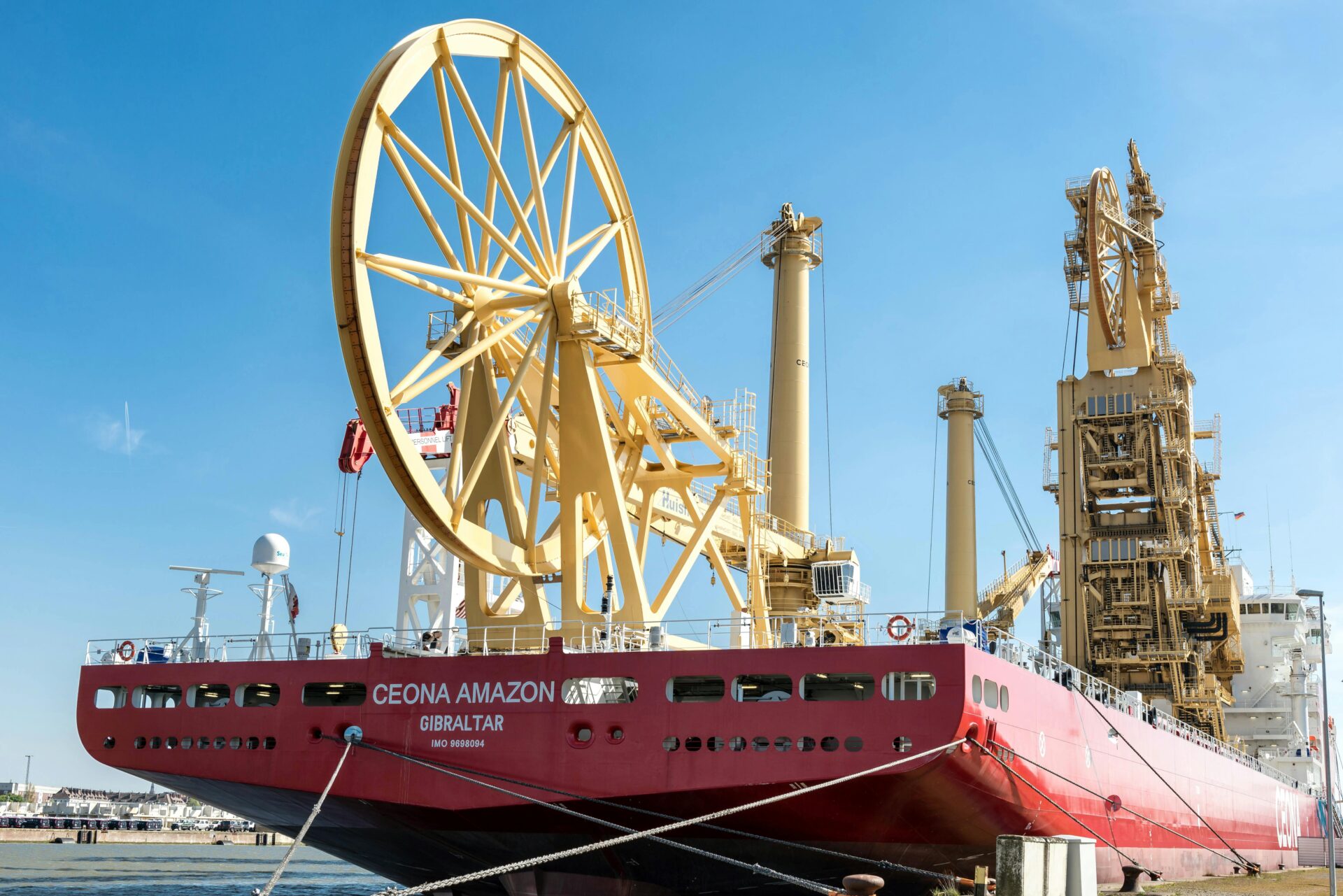 A large industrial vessel docked at Bremerhaven’s harbor