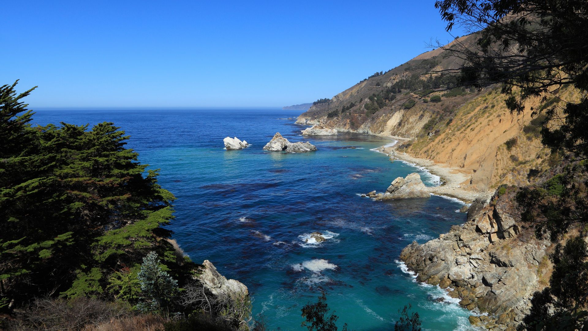 A scenic view of the rugged California coastline at Julia Pfeiffer Burns State Park, featuring turquoise ocean waters, rocky coves, prominent sea stacks, and a steep, tree-covered cliffside under a clear blue sky.