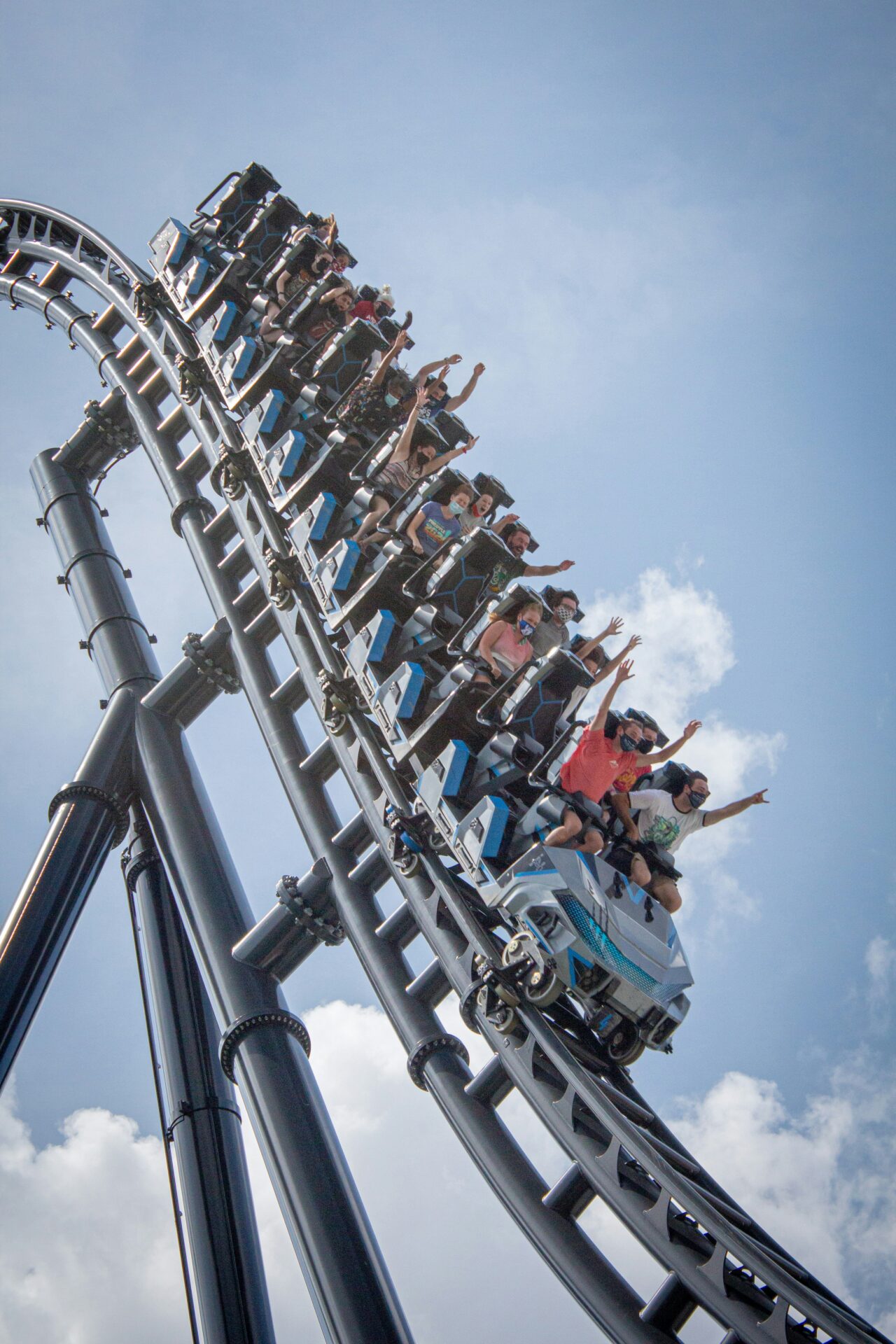Riders on Jurassic World: VelociCoaster in Orlando