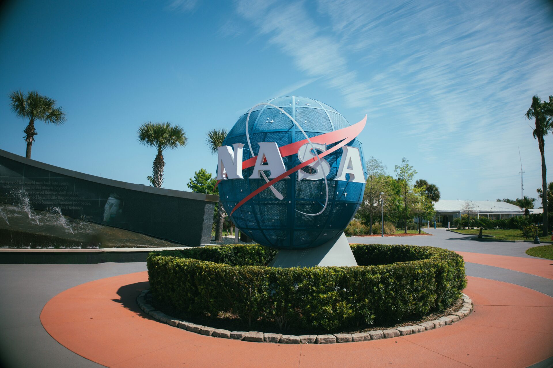 The NASA globe monument at the entrance of the Kennedy Space Center Visitor Complex