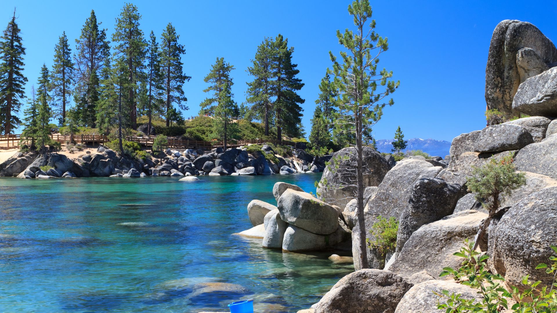 A vibrant panoramic view of Lake Tahoe, featuring crystal-clear turquoise waters in the foreground, bordered by large granite boulders and towering pine trees, with a distant forested shoreline and mountains under a bright blue sky.