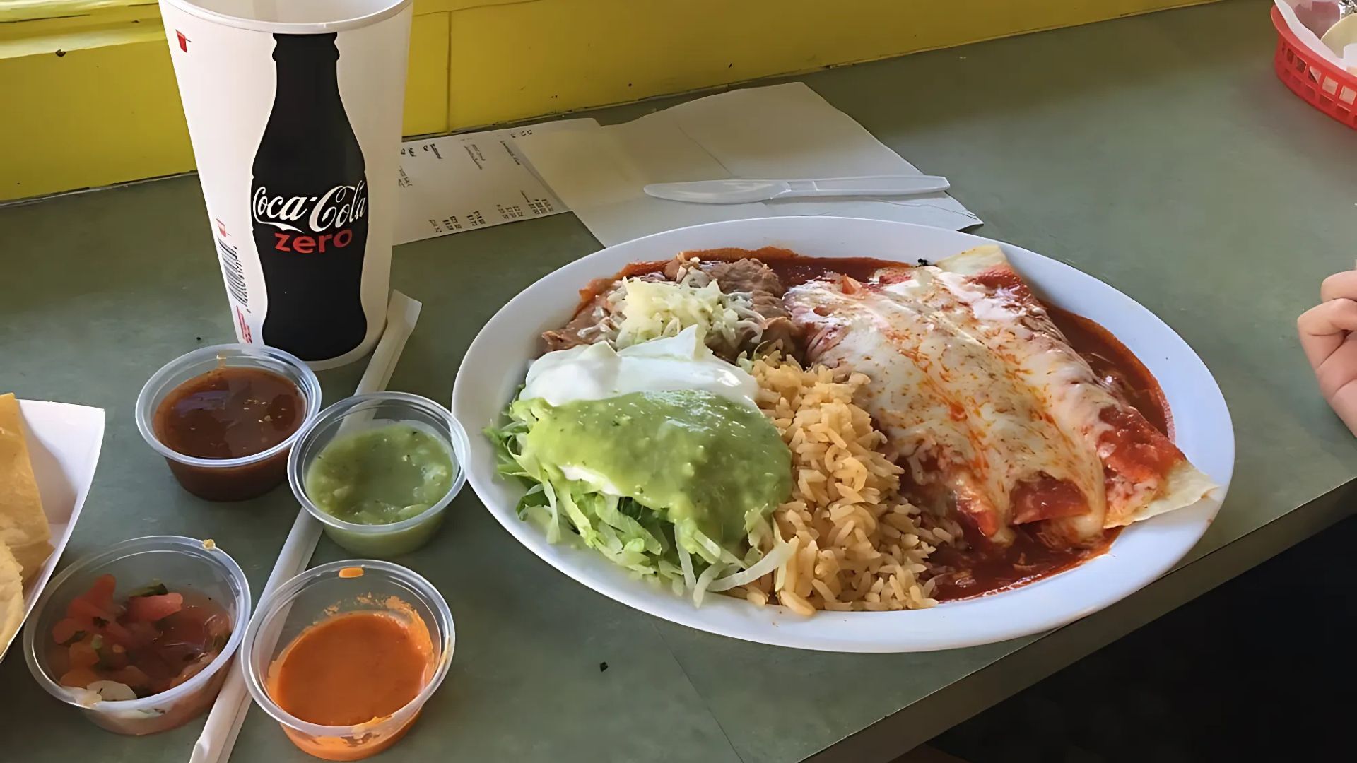 AI Overview
A close-up shot of a Mexican meal served on a white plate, featuring enchiladas covered in red sauce and melted cheese, alongside a portion of rice, shredded lettuce with guacamole and sour cream, and a side of beans. In the foreground, there are four small clear plastic containers holding various salsas and dips. To the left, a white paper cup with "Coca-Cola zero" printed on it is visible. The meal is presented on a light green table next to a window.