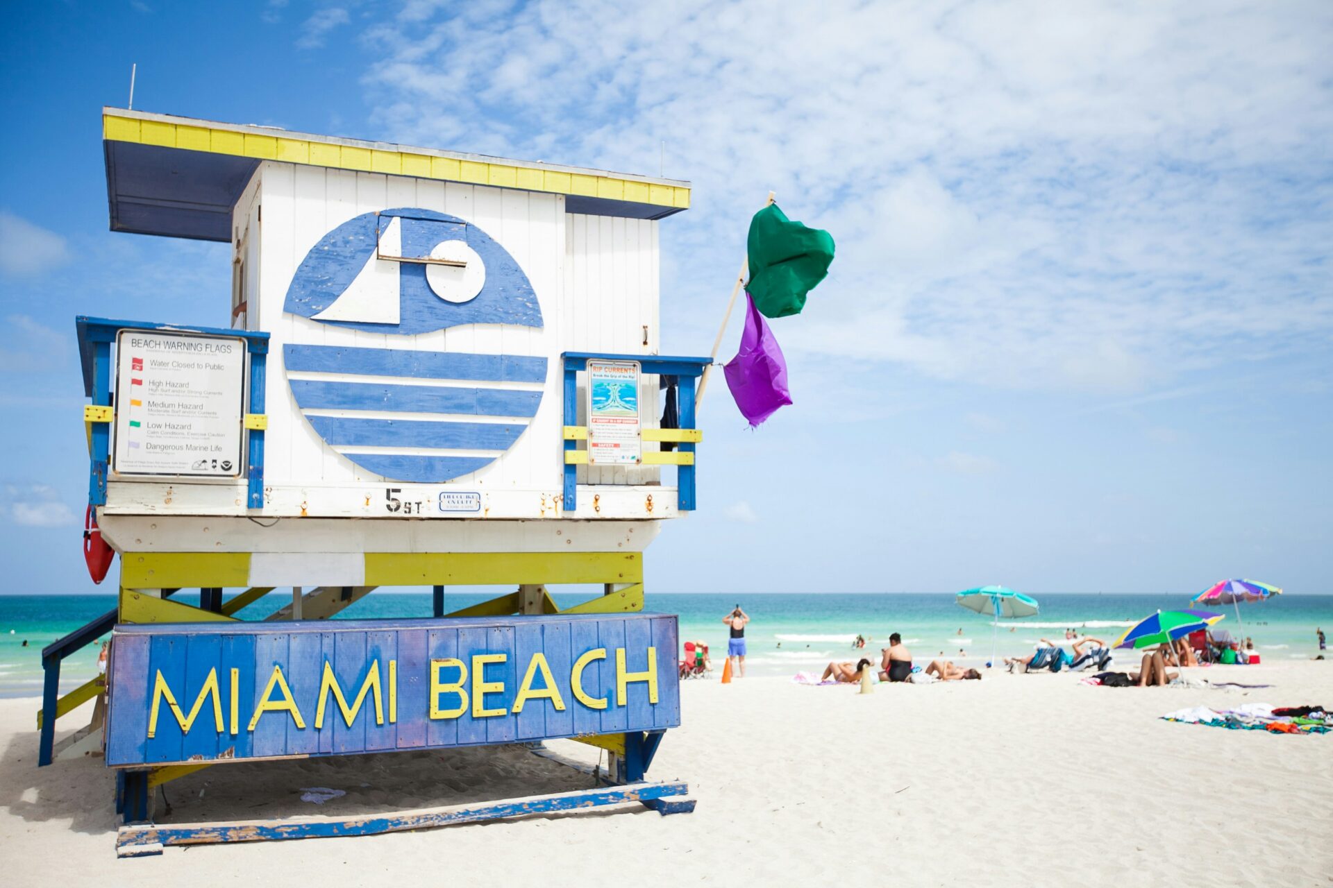 Colorful lifeguard tower on the sandy shores of Miami Beach