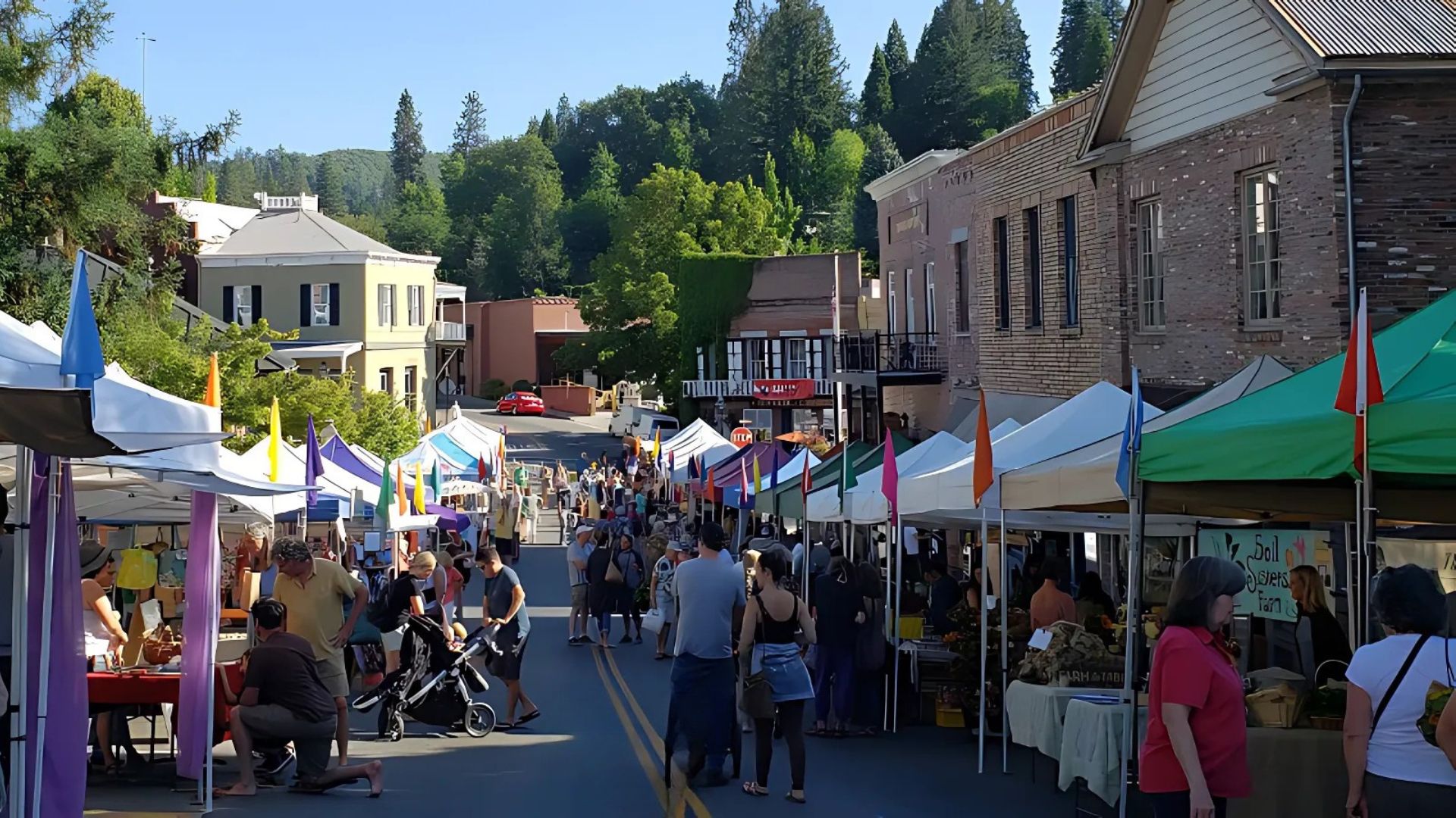 A vibrant outdoor farmers market scene on a sunny day in Nevada City, California. Numerous white and green market stalls line a bustling street, filled with vendors and shoppers. Historic buildings with brick and painted facades stand on either side of the street, and lush green trees are visible in the background against a clear blue sky. People are walking, browsing, and interacting at the various stalls.