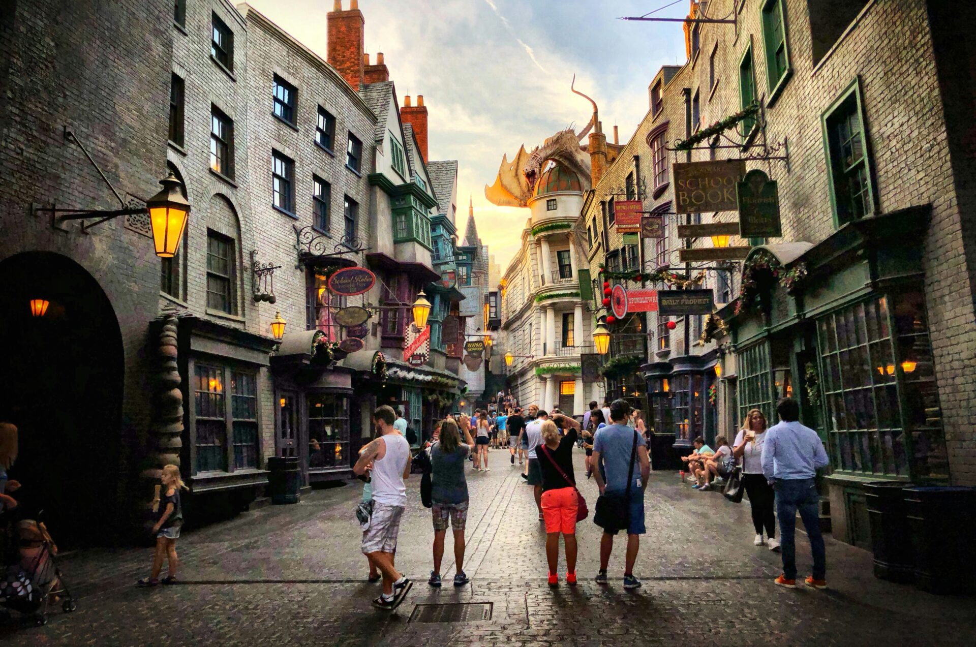 Visitors walking through a busy Orlando theme par