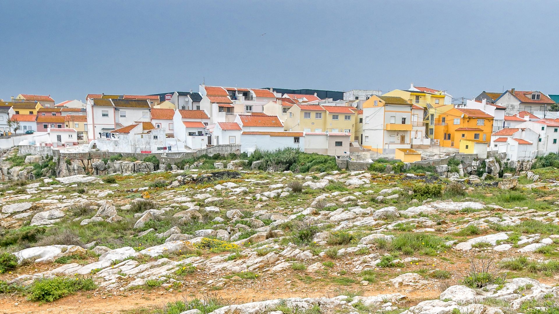 A panoramic view of Peniche, Portugal, showcasing a cluster of colorful, traditional houses with terracotta roofs perched atop a rocky, green hillside overlooking the Atlantic Ocean. The foreground features a rugged, stone-covered landscape with sparse vegetation, leading up to the densely packed buildings of the coastal town. 