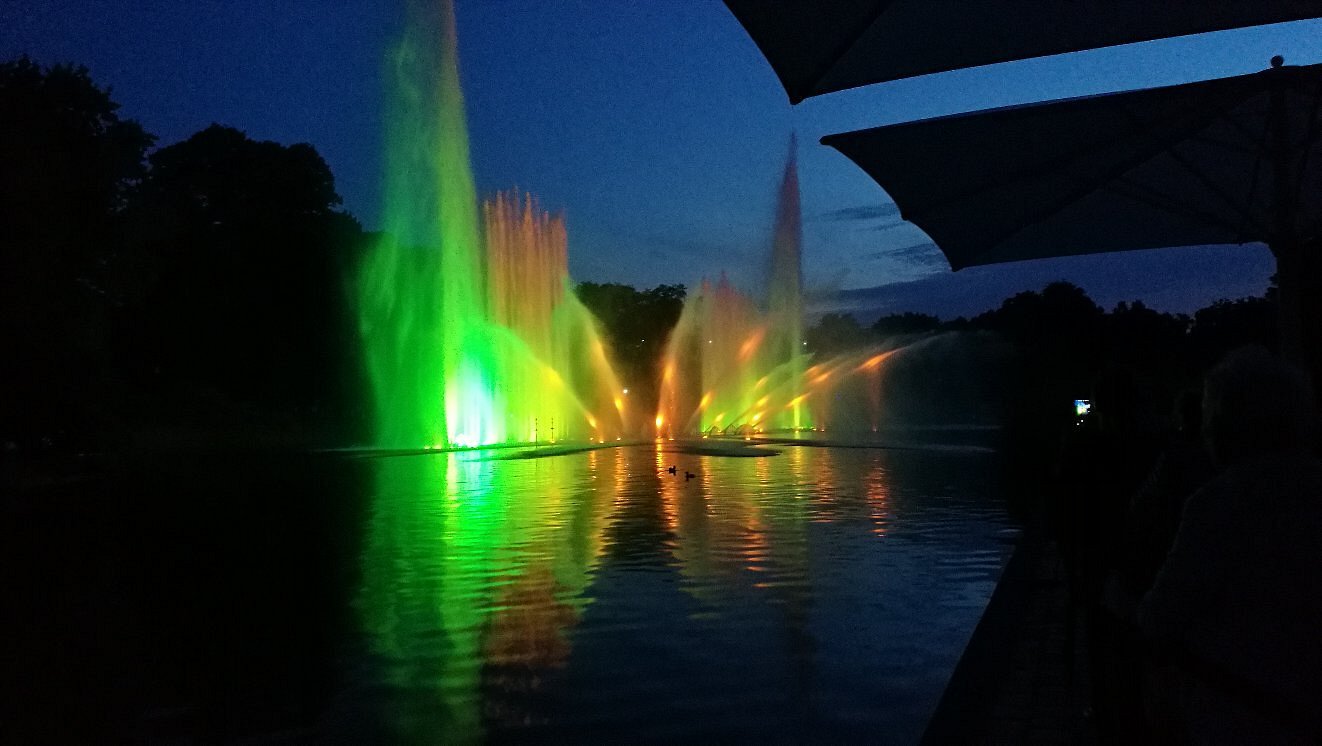 The Water Light Concert at Planten un Blomen features synchronized jets of water and colored lights reflected in a large pond