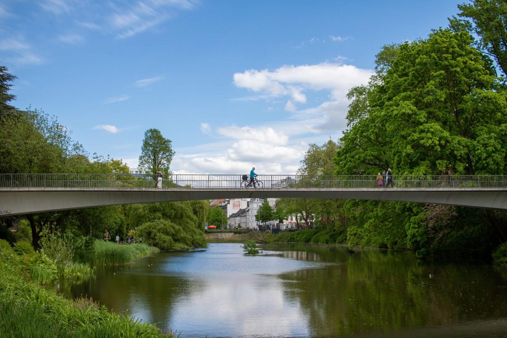 A curved pedestrian bridge in Planten un Blomen