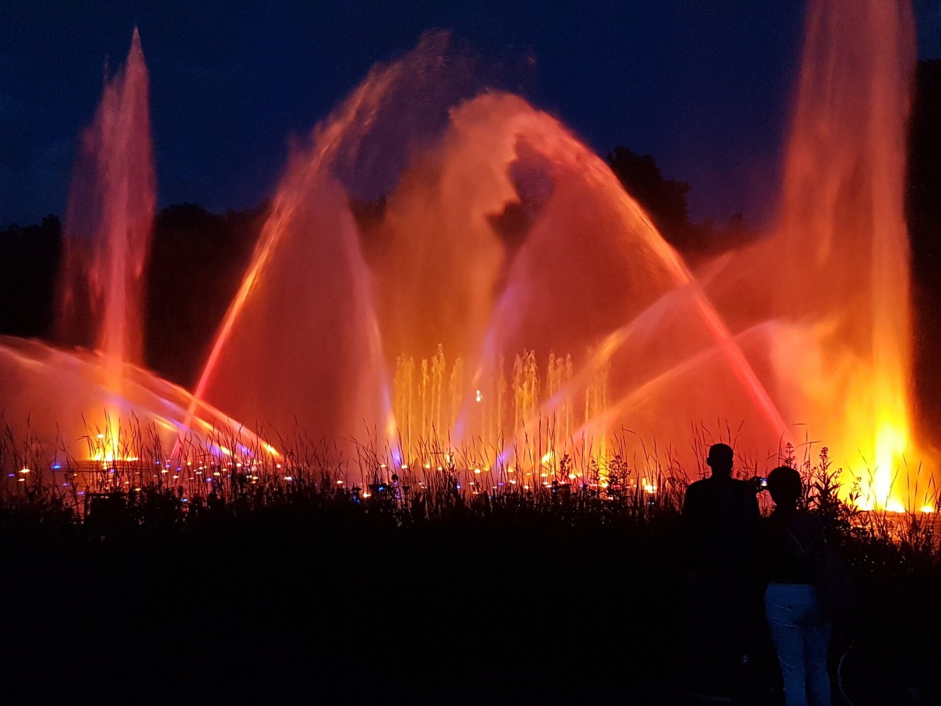 A nighttime water and light concert at Planten un Blomen park in Hamburg