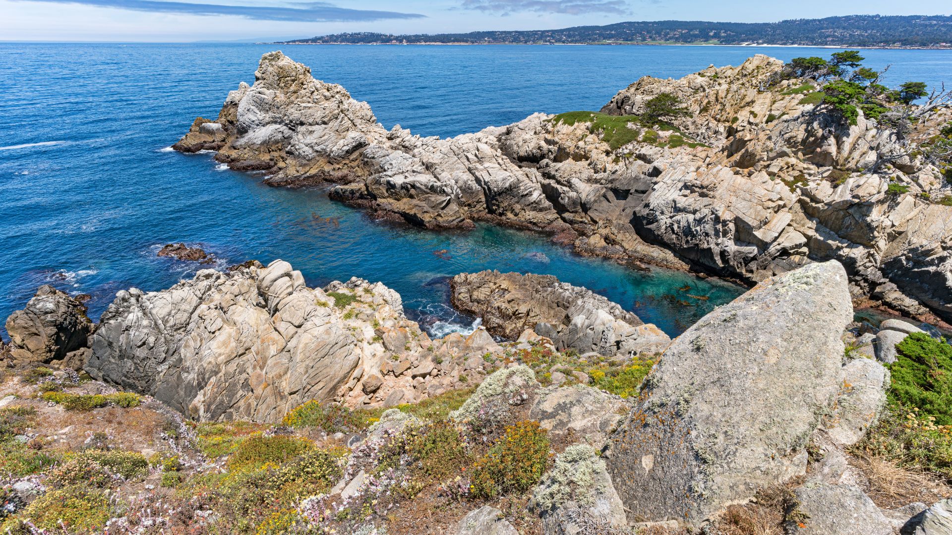 A vibrant aerial view showcases the rugged, rocky coastline of Point Lobos State Natural Reserve, where dramatic rock formations meet the clear, blue waters of the Pacific Ocean under a bright sky. The scene highlights the interplay of land and sea, with visible kelp beds in the turquoise coves and scattered vegetation on the weathered rocks. 