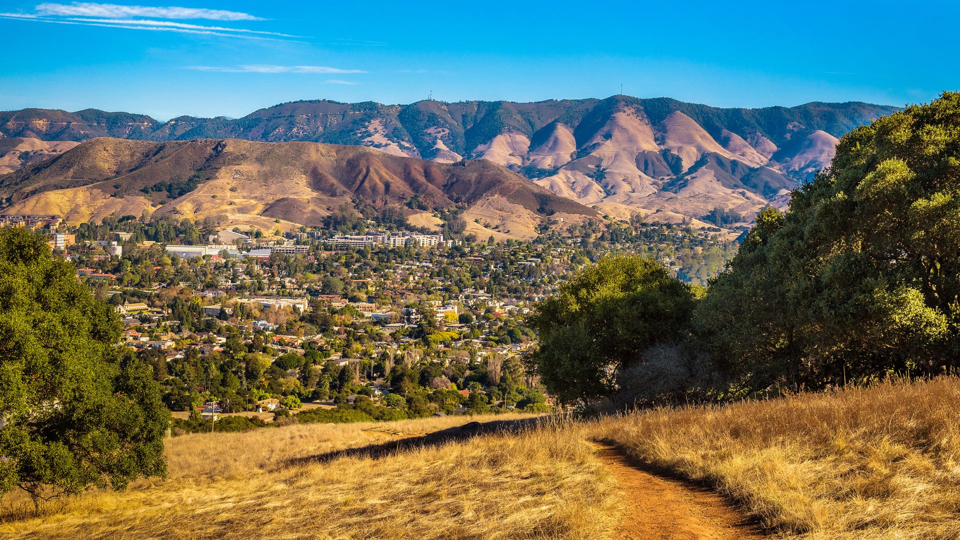 A panoramic view from a hilltop in San Luis Obispo, California, showing a dirt trail in the foreground, rolling hills covered in dry grass and scattered trees, and a town nestled in the valley below with mountains in the background under a clear blue sky.