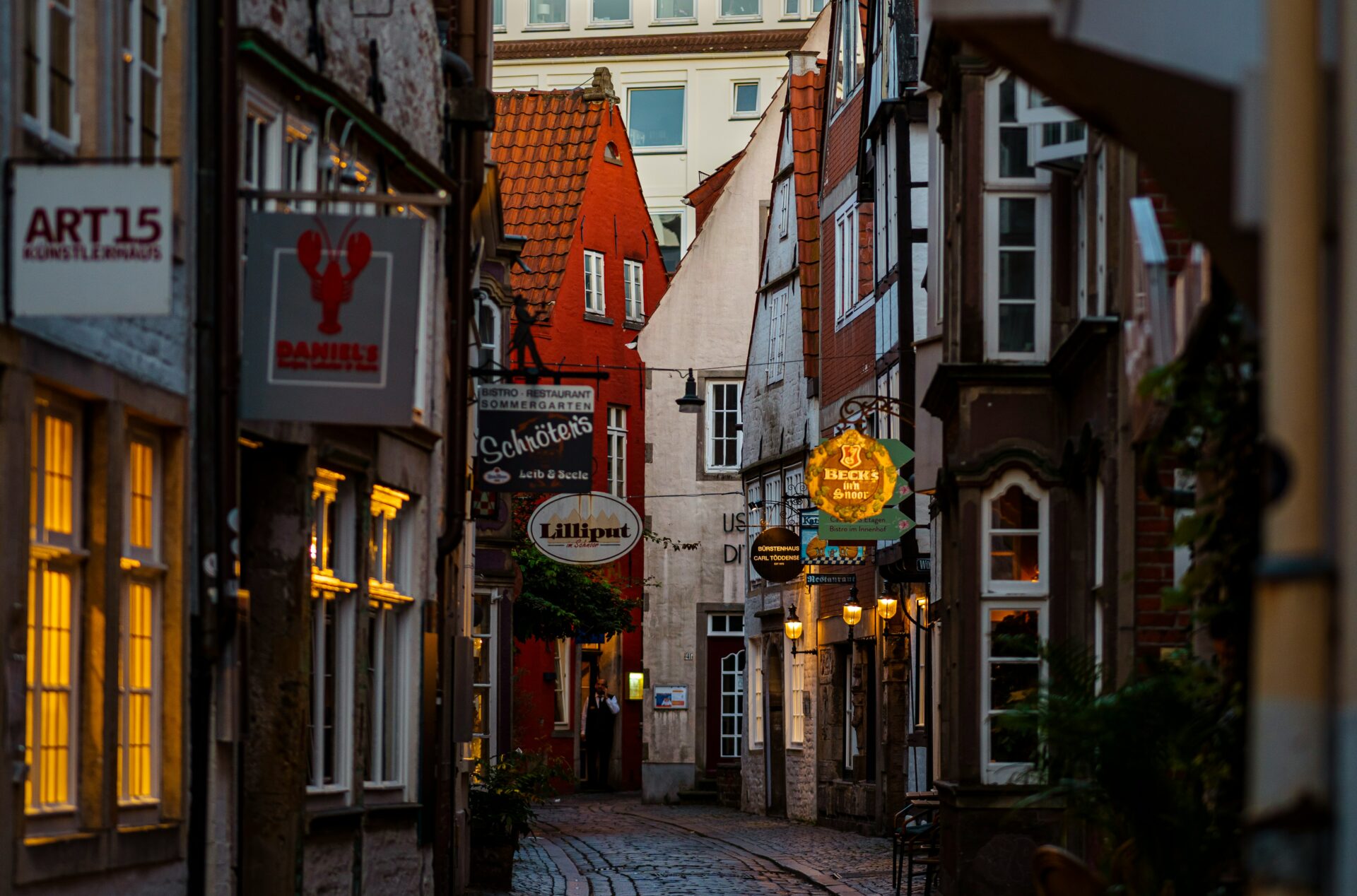 Charming cobblestone alley in the Schnoor quarter of Bremen