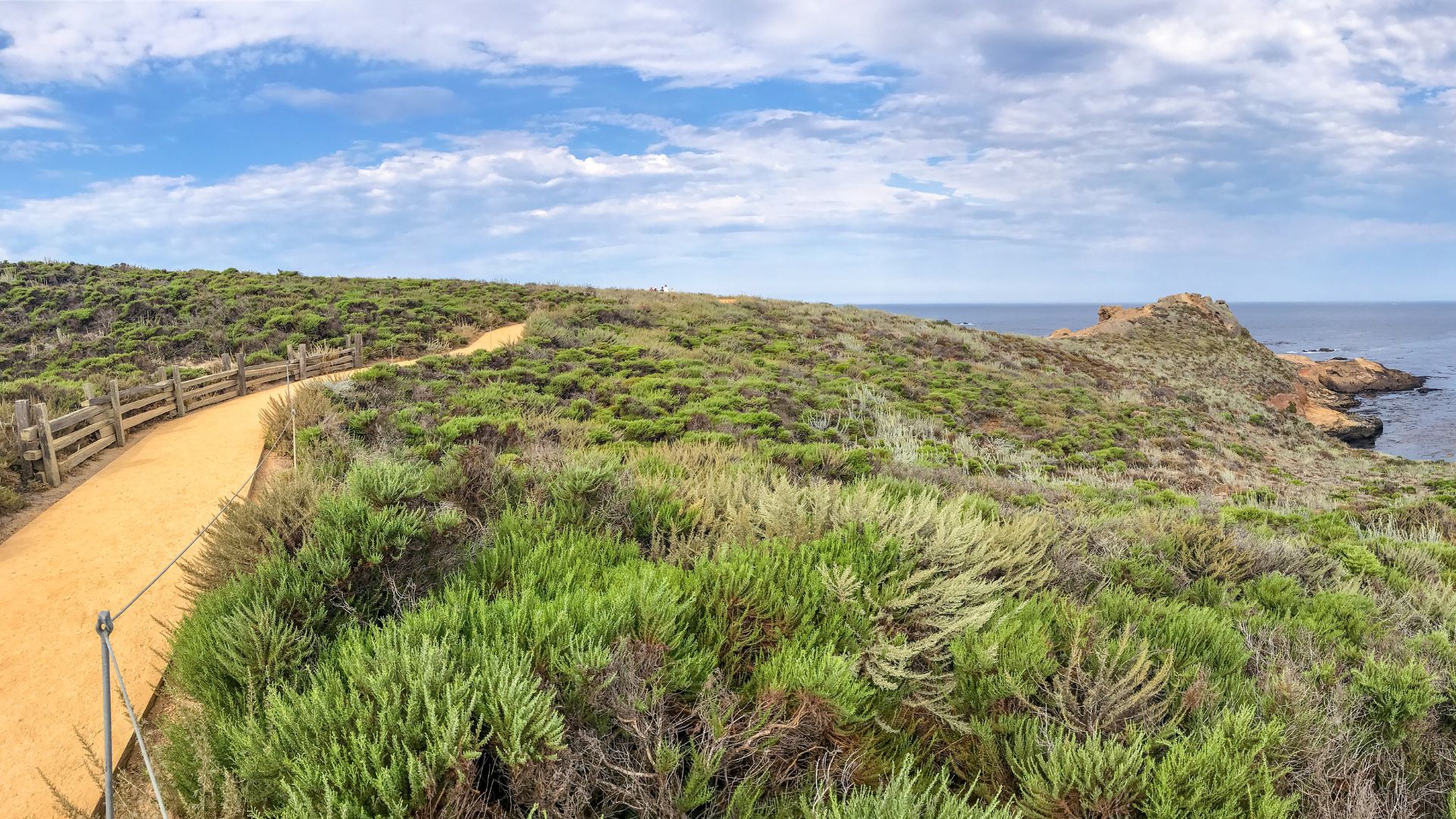 A wide shot of a dirt path with a wooden fence running alongside it, winding through a coastal landscape with green, low-lying vegetation under a blue sky with scattered clouds. In the distance, the ocean and rocky coastline are visible.