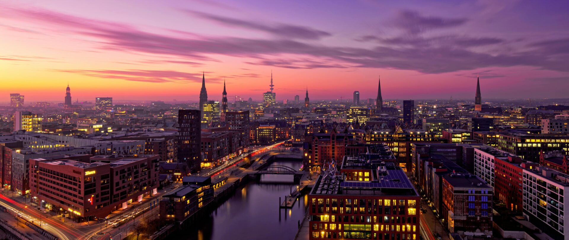 An aerial view of Speicherstadt in Hamburg