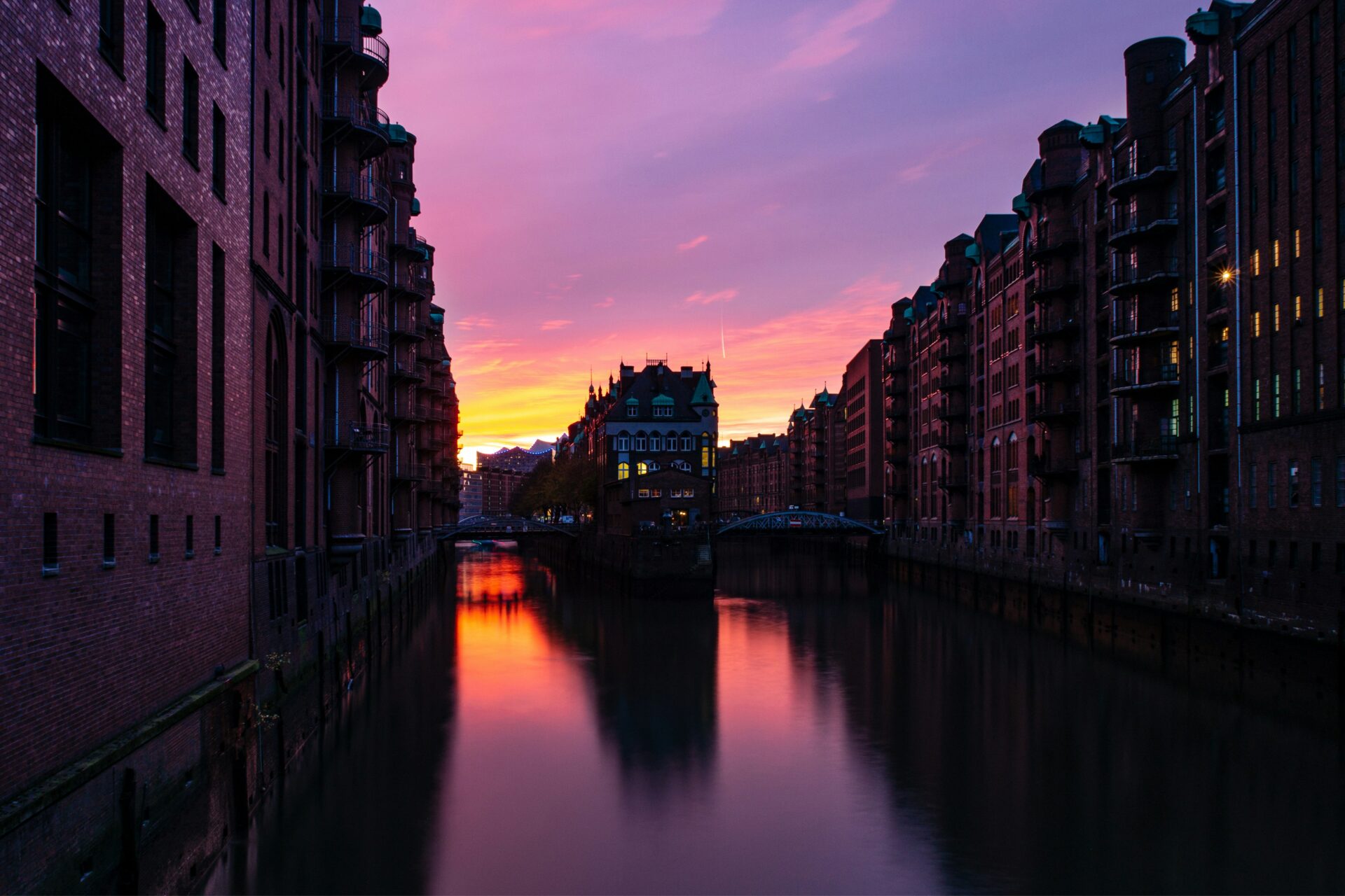 Speicherstadt in Hamburg at dusk during autumn,