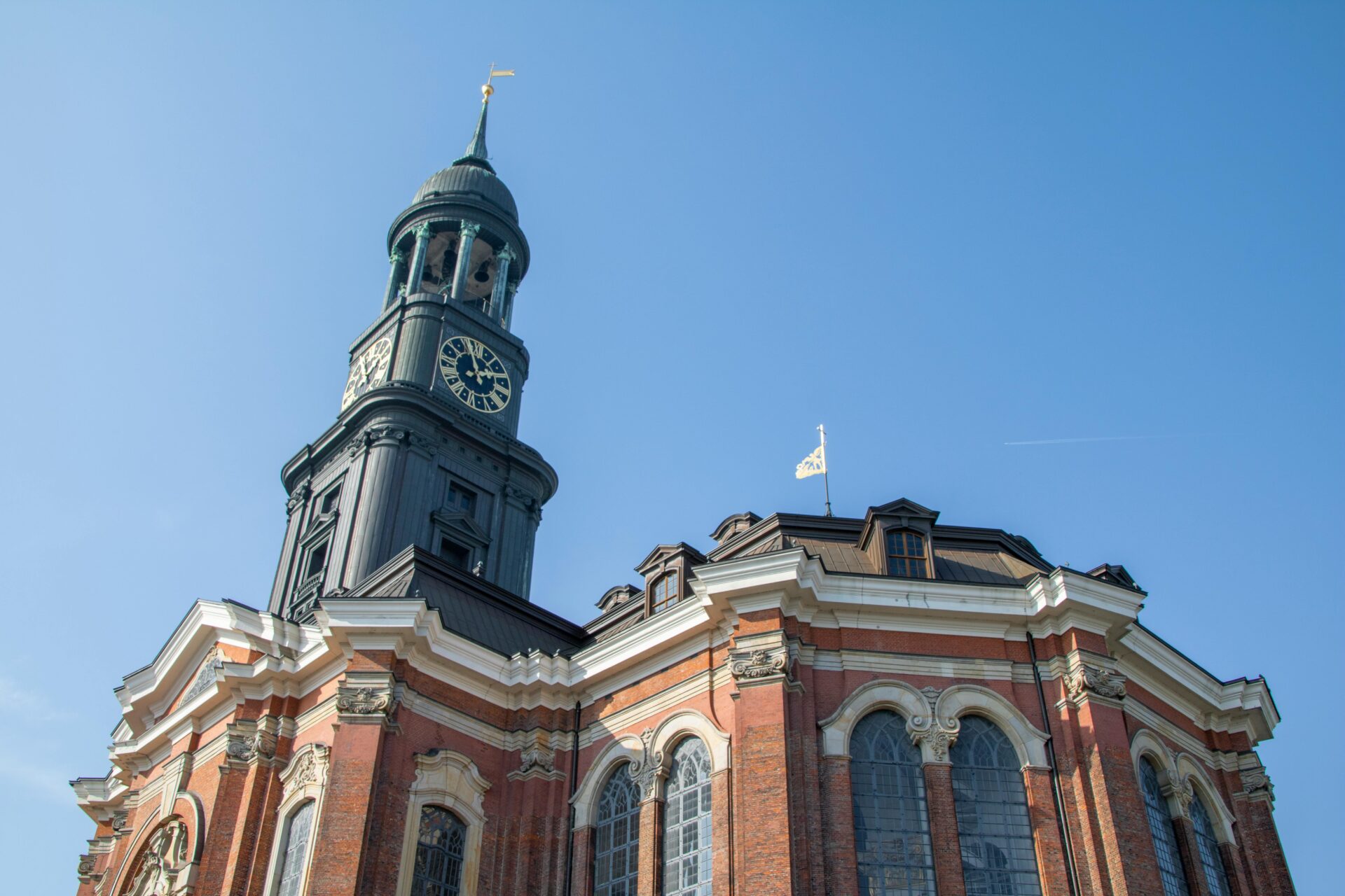 A detailed close-up of St. Michael's Church in Hamburg