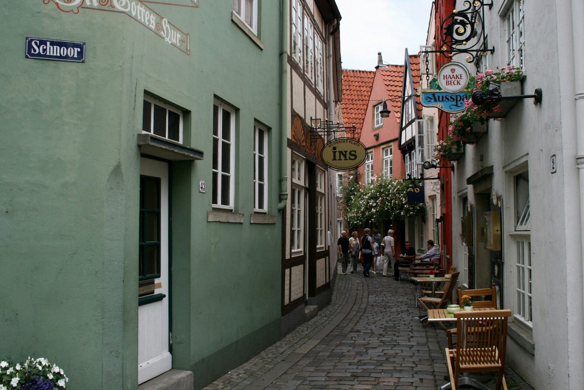 Charming cobblestone street in Bremen lined with historic buildings