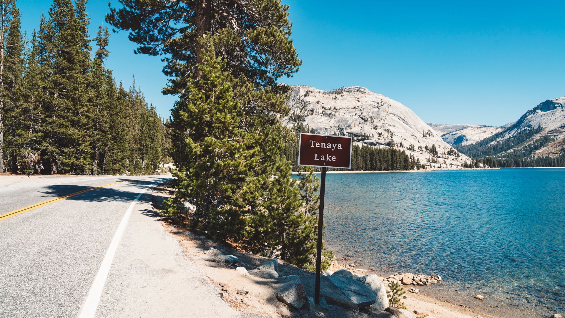 A scenic view of Tenaya Lake in Yosemite National Park, California, with a sign reading "Tenaya Lake" in the foreground. The lake is surrounded by granite domes and evergreen trees, with a road running alongside it.